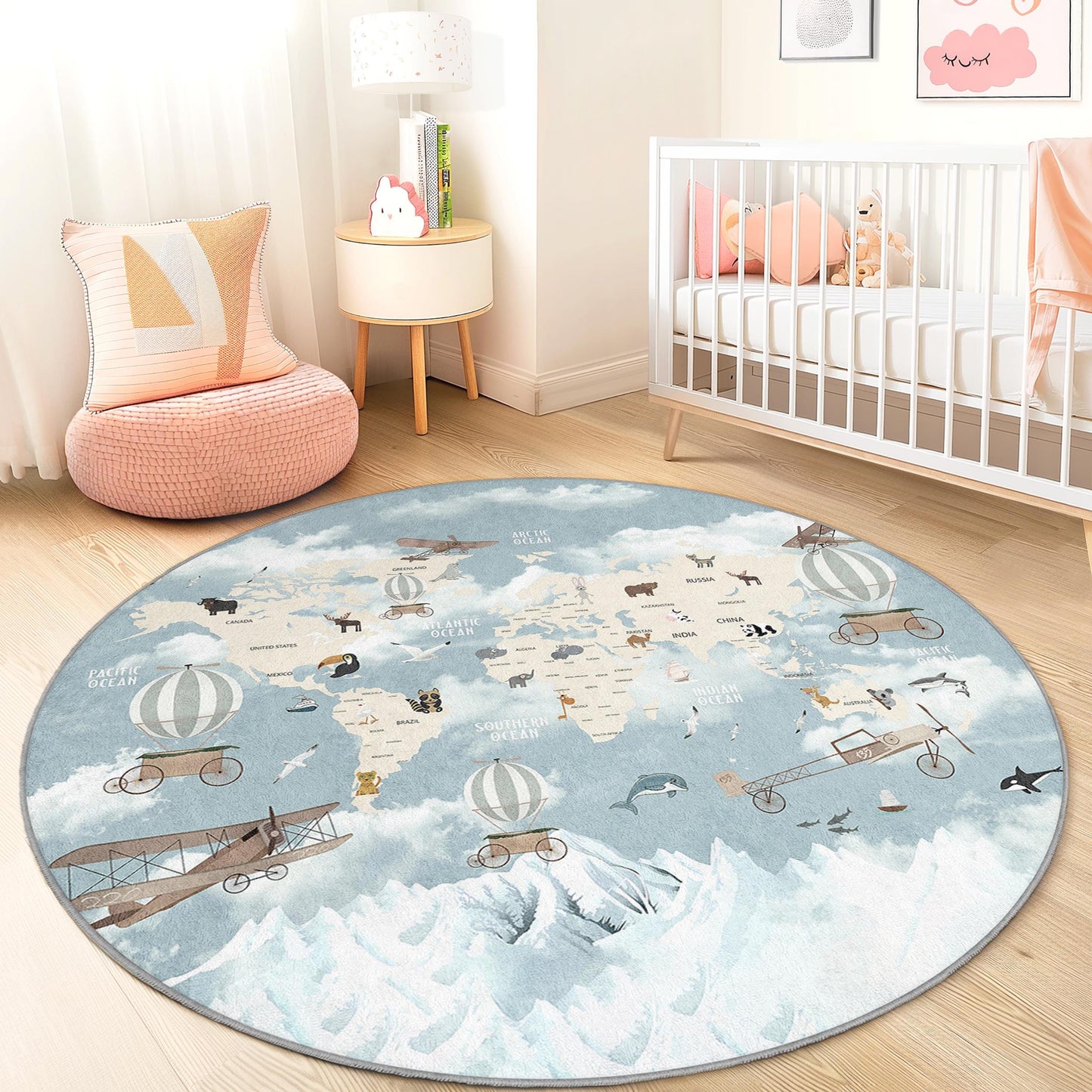 World Map Adventure Round Kids Rug, Airplane and Hot Air Balloon Design, Soft Nursery Carpet, Playroom Decor, Educational Play Mat