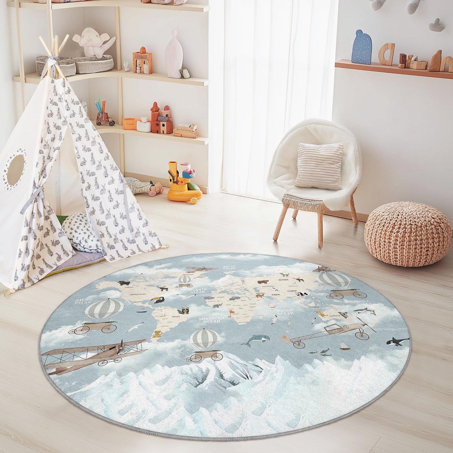 World Map Adventure Round Kids Rug, Airplane and Hot Air Balloon Design, Soft Nursery Carpet, Playroom Decor, Educational Play Mat