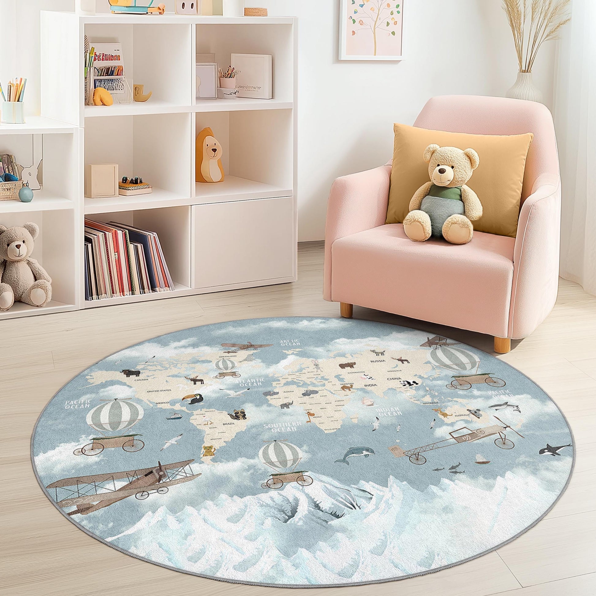 World Map Adventure Round Kids Rug, Airplane and Hot Air Balloon Design, Soft Nursery Carpet, Playroom Decor, Educational Play Mat