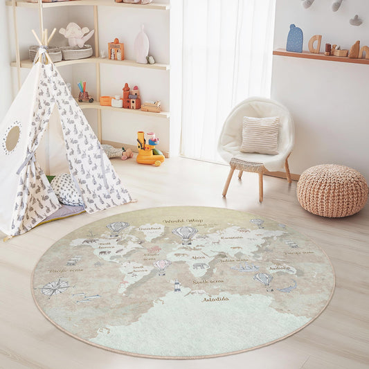 World Map Round Kids Play Rug, Educational Childrens Carpet, Nursery Decor, Interactive Learning Mat, Soft Round Area Rug
