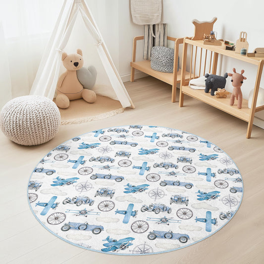 Vintage Transport Themed Round Kids Rug, Airplane and Car Pattern, Playroom Decor, Soft Area Rug for Children's Room