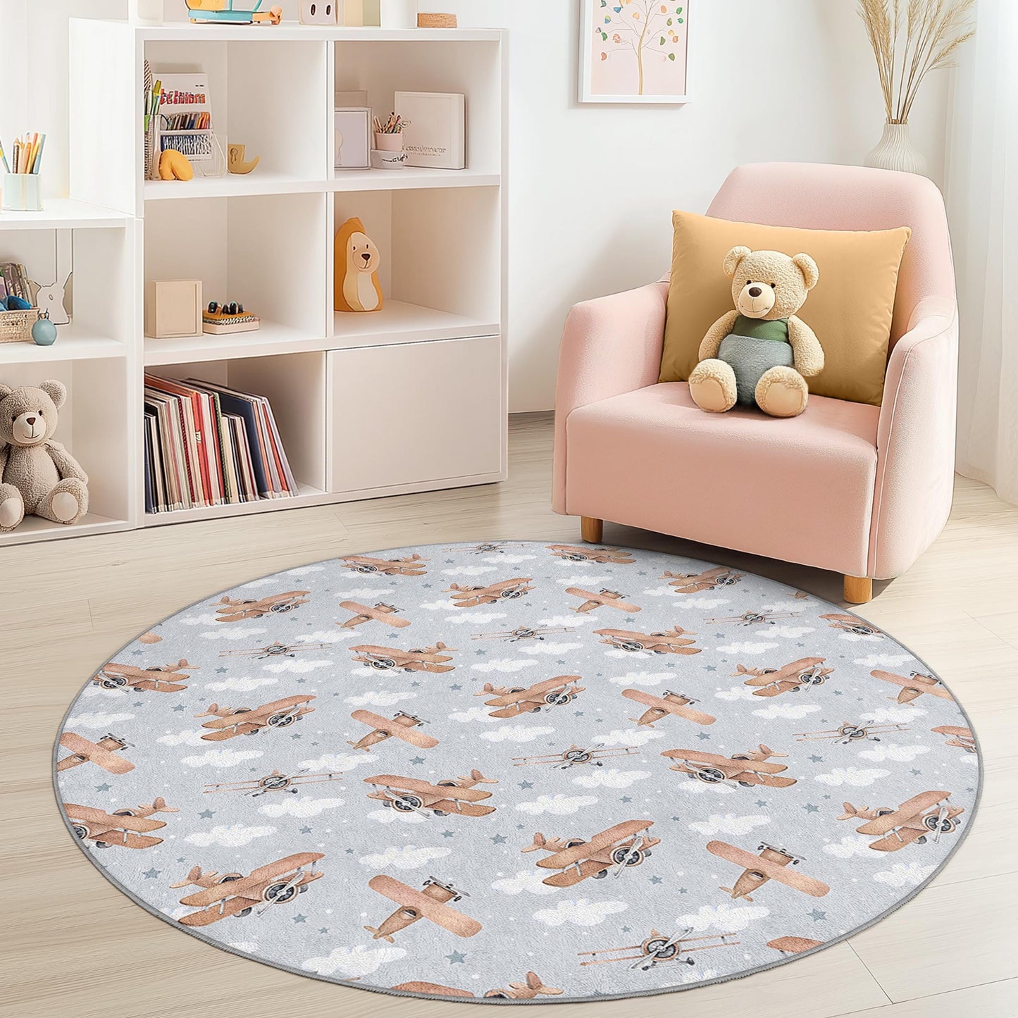 Vintage Airplane Round Kids Rug, Aviation Themed Nursery Carpet, Cloud Pattern Playroom Rug, Soft Area Rug for Kids Room