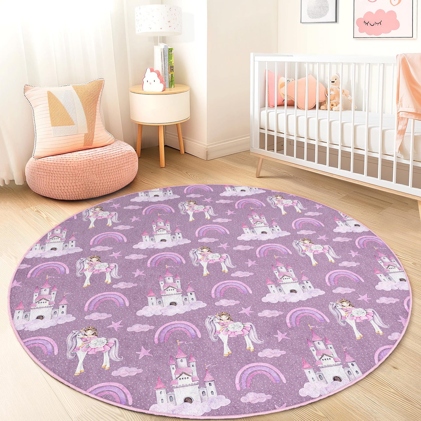 Whimsical Unicorn Round Kids Rug, Cute Castle and Rainbow Design, Soft Play Mat for Girls Room, Nursery Decor, Playroom Carpet
