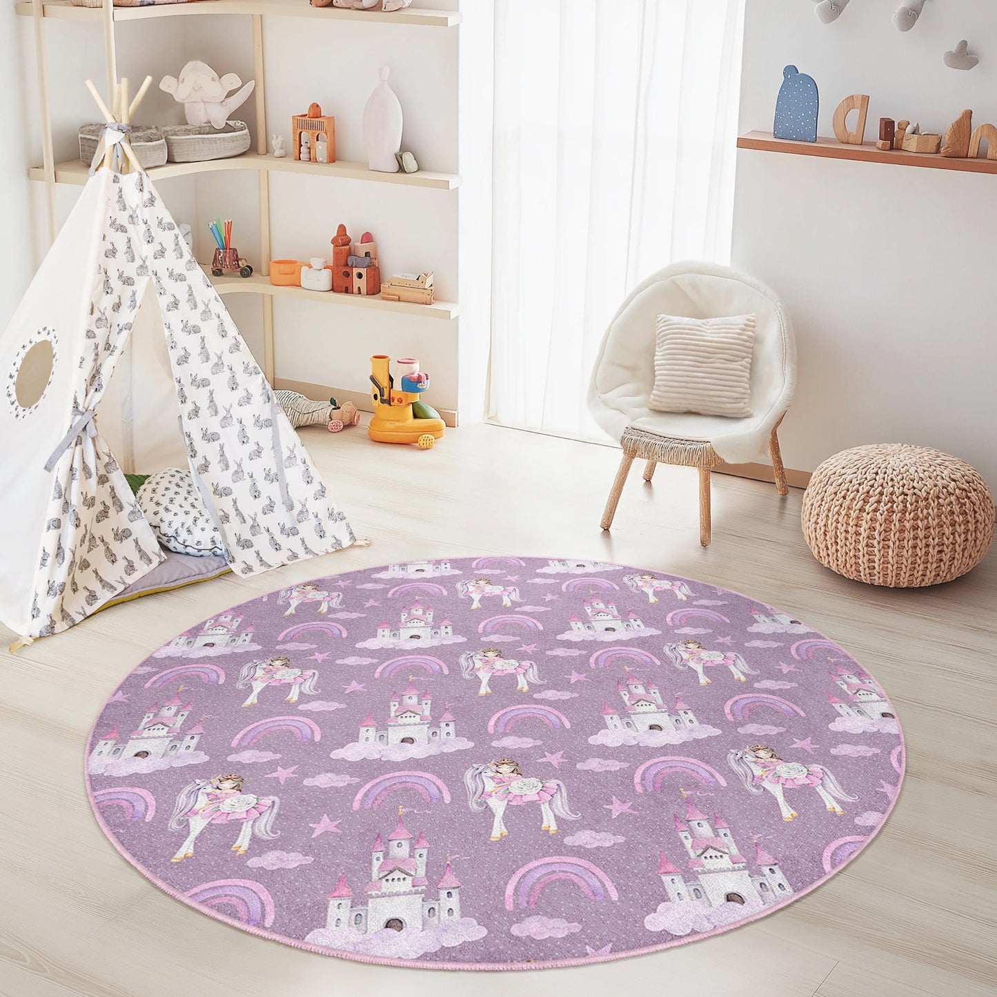 Whimsical Unicorn Round Kids Rug, Cute Castle and Rainbow Design, Soft Play Mat for Girls Room, Nursery Decor, Playroom Carpet