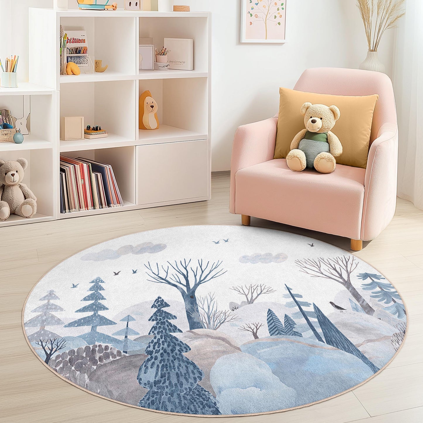 Winter Wonderland Round Kids Rug, Cozy Forest Rug for Nursery, Soft Children's Rug, Nature Inspired Play Mat, Kids Room Decor