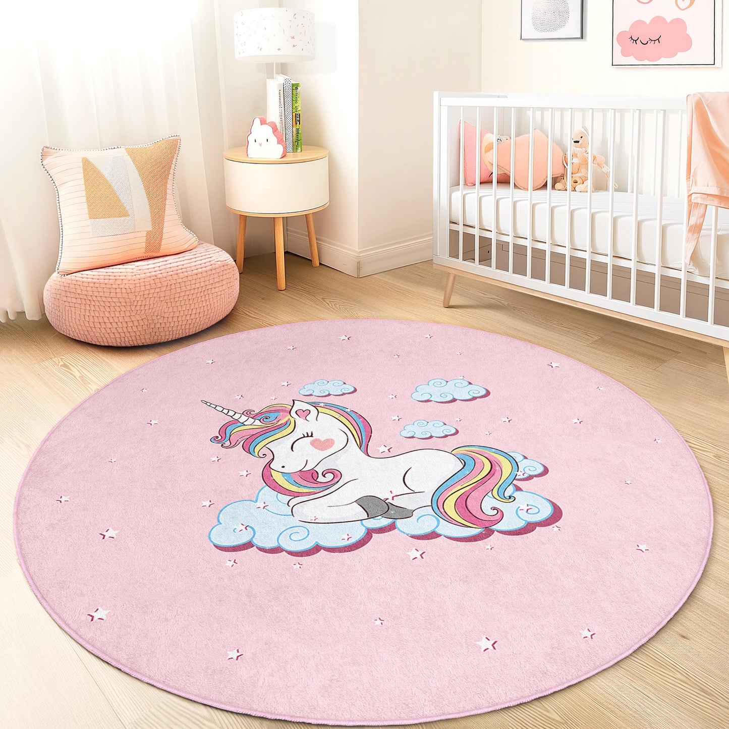 Magical Unicorn Round Kids Rug, Pink Unicorn Carpet, Playroom Decor, Nursery Rug, Soft Play Mat, Girls Room Rug