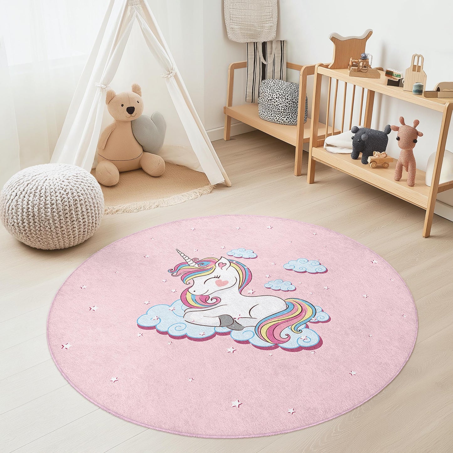 Magical Unicorn Round Kids Rug, Pink Unicorn Carpet, Playroom Decor, Nursery Rug, Soft Play Mat, Girls Room Rug