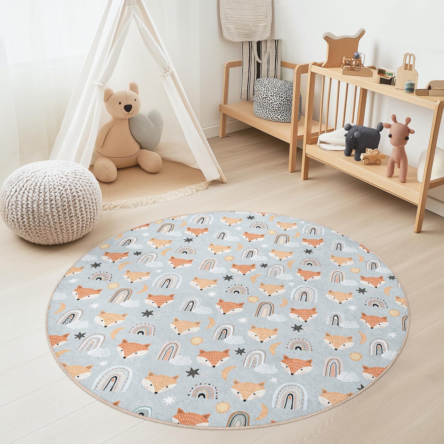 Whimsical Foxes Round Kids Rug, Cute Fox Patterned Rug, Playroom Decor, Nursery Round Rug, Child's Room Carpet