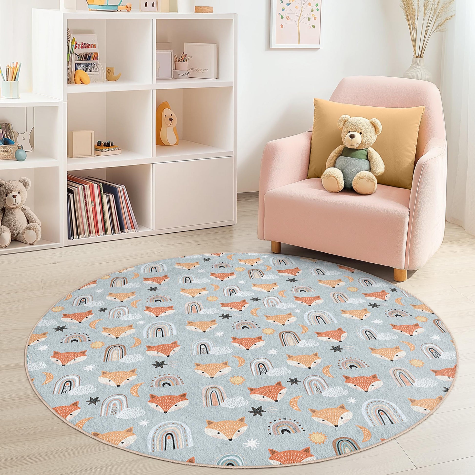 Whimsical Foxes Round Kids Rug, Cute Fox Patterned Rug, Playroom Decor, Nursery Round Rug, Child's Room Carpet