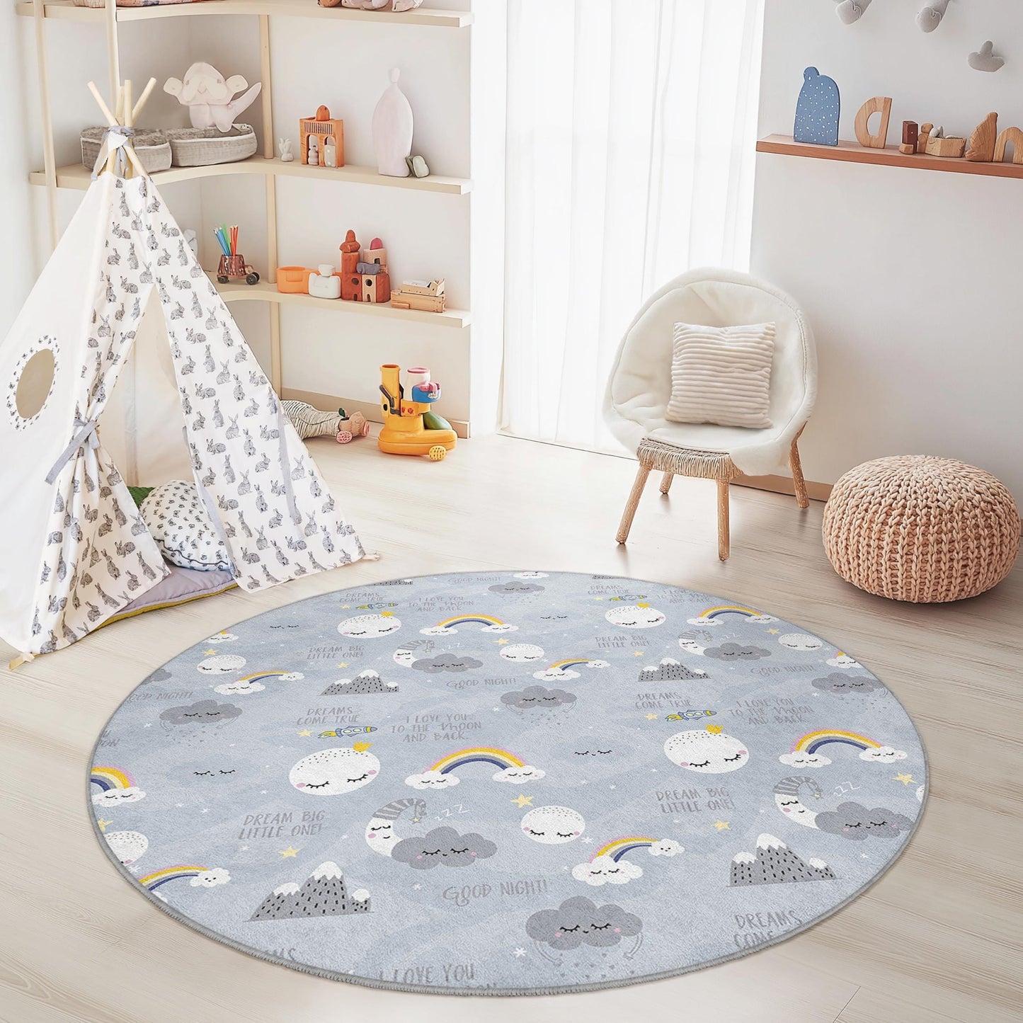 Dreamy Clouds Round Kids Playroom Rug, Fun Rainbow Pattern Floor Mat, Nursery Decor, Soft Cozy Carpet for Children