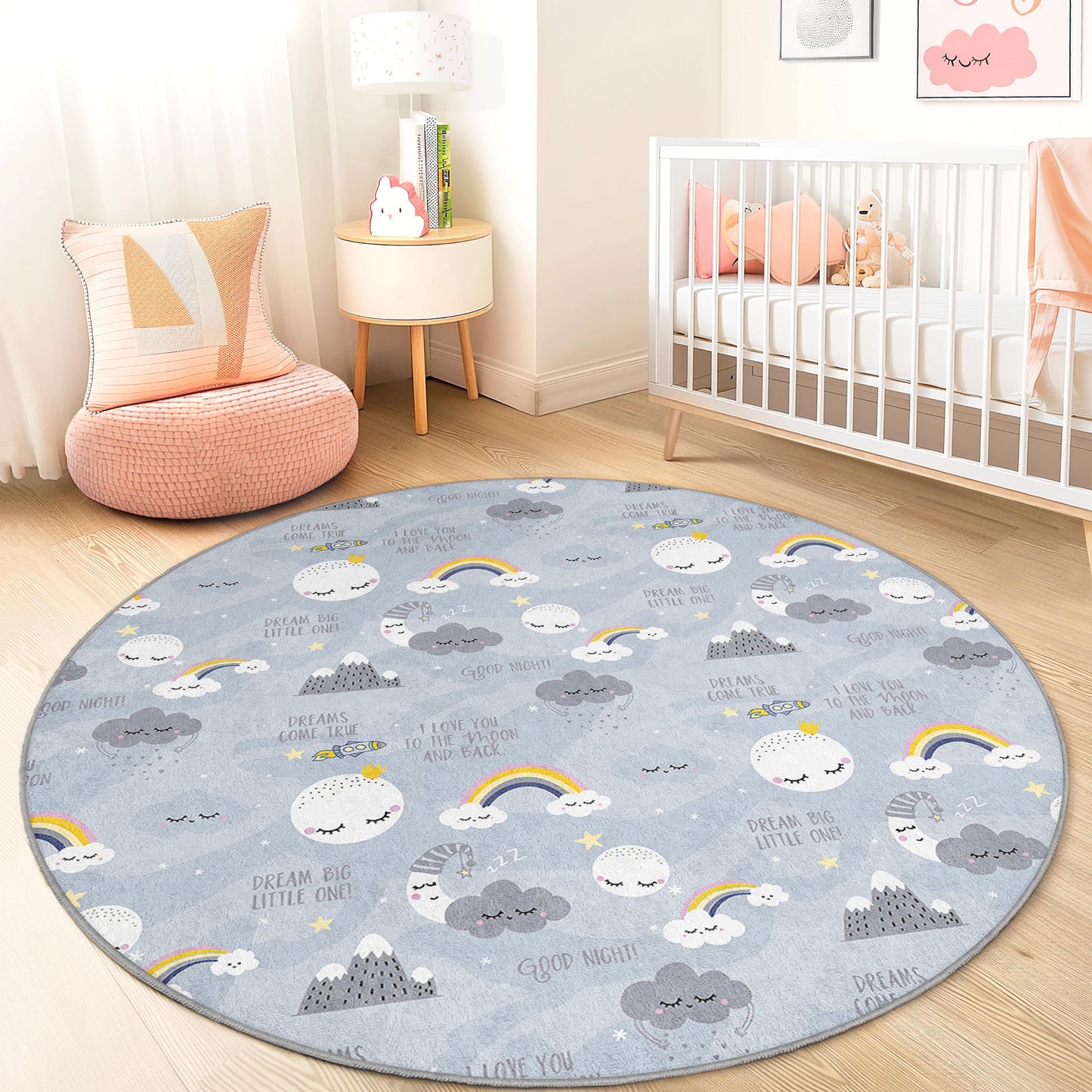 Dreamy Clouds Round Kids Playroom Rug, Fun Rainbow Pattern Floor Mat, Nursery Decor, Soft Cozy Carpet for Children