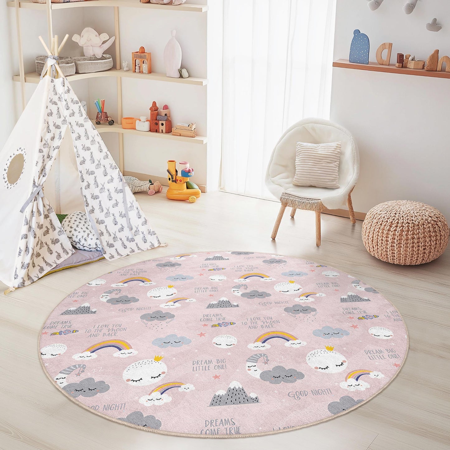 Dreamy Clouds Round Kids Rug, Rainbow Nursery Rug, Soft Play Mat for Children, Cute Baby Room Decor, Kid's Room Accessories