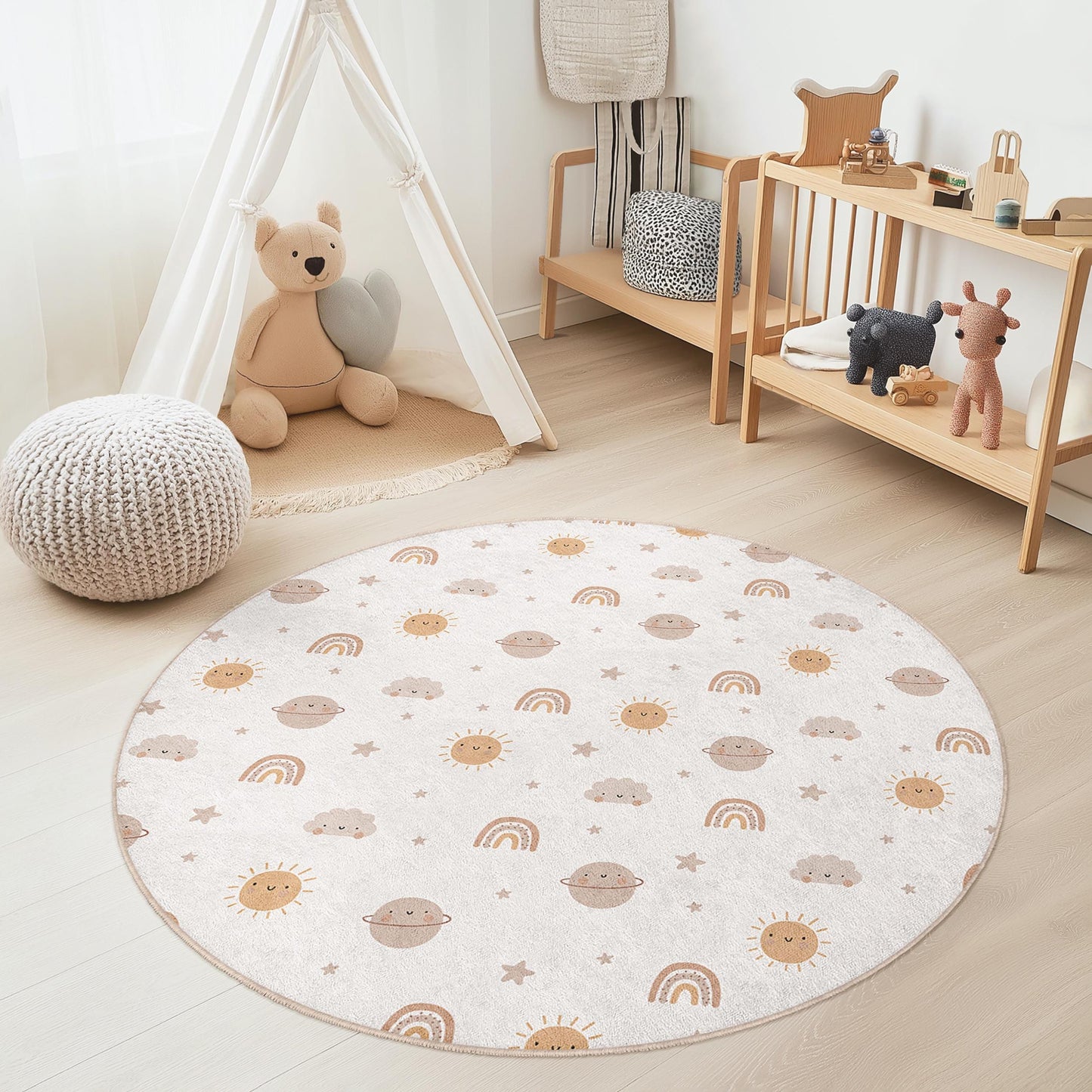 Sunny Skies Round Kids Play Rug, Rainbow and Planet Design, Soft Nursery Carpet, Baby Room Decor, Playroom Mat for Children