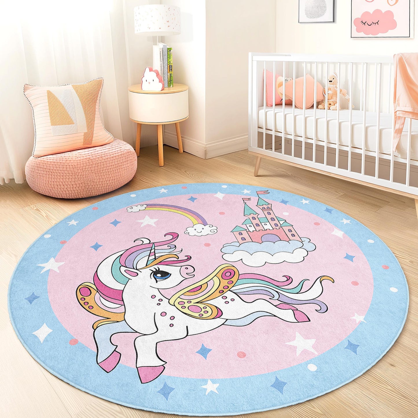 Magical Unicorn Round Kids Rug, Fairy Tale Kids Carpet, Playroom Decor, Nursery Rug, Fantasy Room Rug, Kids Room Accessories