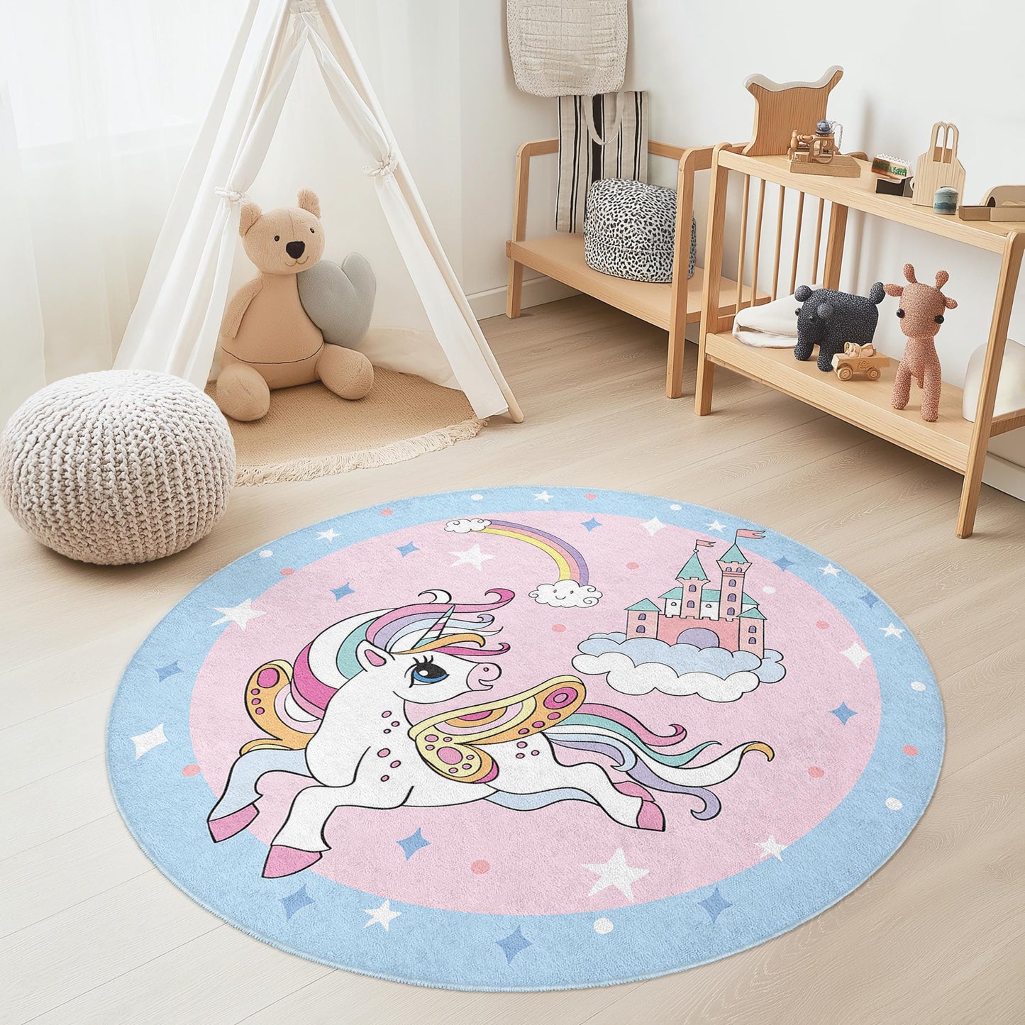 Magical Unicorn Round Kids Rug, Fairy Tale Kids Carpet, Playroom Decor, Nursery Rug, Fantasy Room Rug, Kids Room Accessories