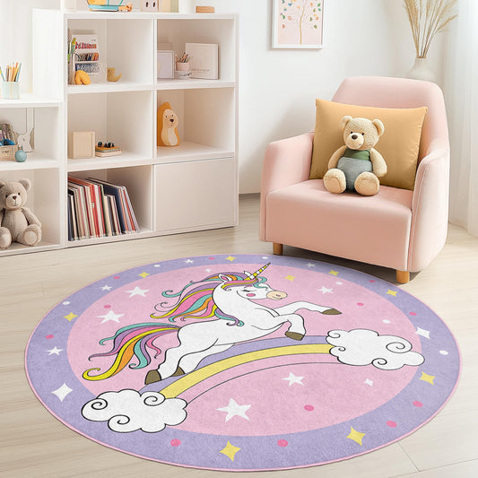 Magical Unicorn Round Kids Play Rug, Colorful Unicorn Carpet, Rainbow Unicorn Room Decor, Soft Play Mat for Girls Room