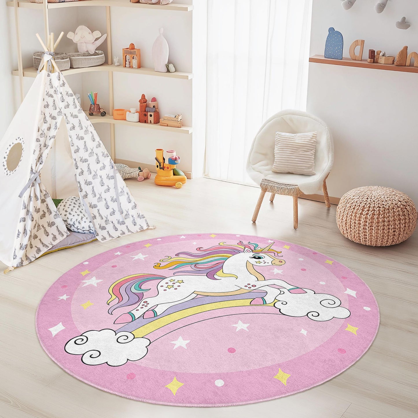 Magical Unicorn Round Kids Play Rug, Rainbow Unicorn Carpet, Nursery Decor, Playroom Rug, Kids Room Round Rug, Soft Kid's Carpet
