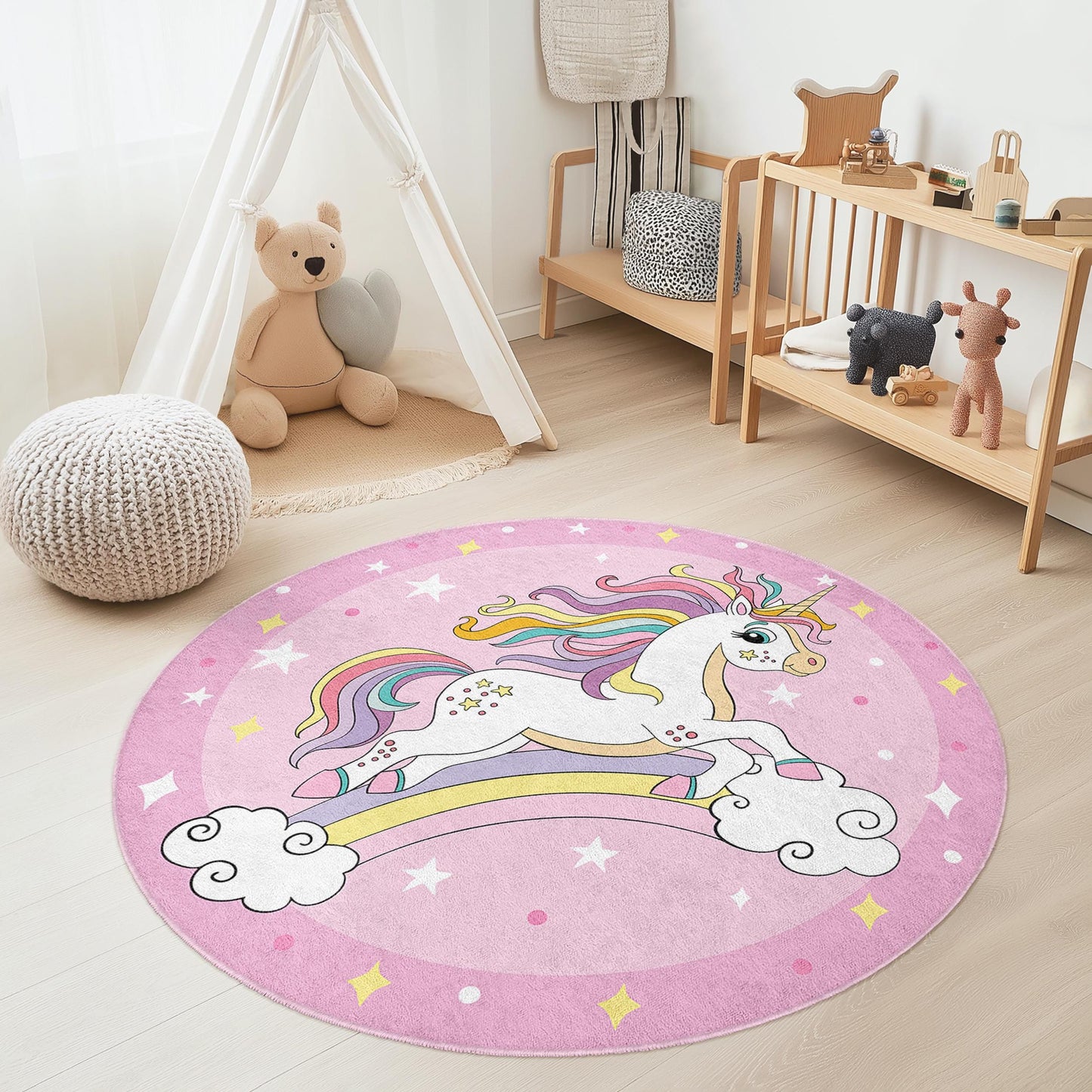 Magical Unicorn Round Kids Play Rug, Rainbow Unicorn Carpet, Nursery Decor, Playroom Rug, Kids Room Round Rug, Soft Kid's Carpet