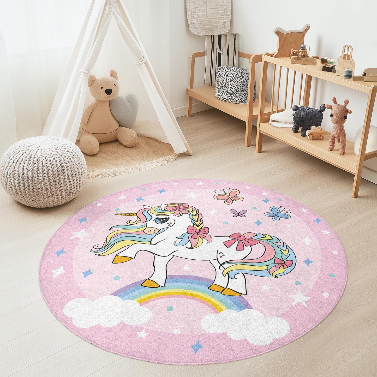 Whimsical Unicorn Round Kids Rug, Rainbow Unicorn Play Mat, Magical Nursery Decor, Girls Room Carpet, Soft Playroom Rug