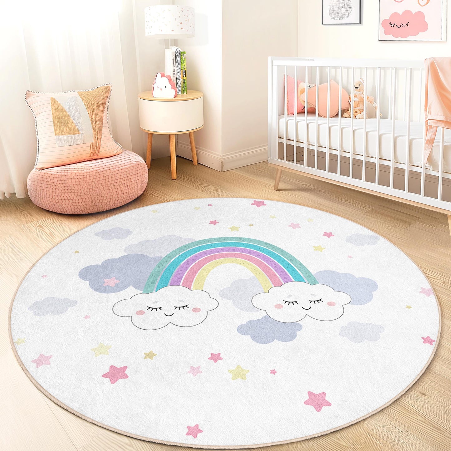 Rainbow Clouds Round Kids Play Rug, Cute Cloud Rainbow Rug, Nursery Decor, Soft Children's Carpet, Playroom Rug, Kids Room Decor