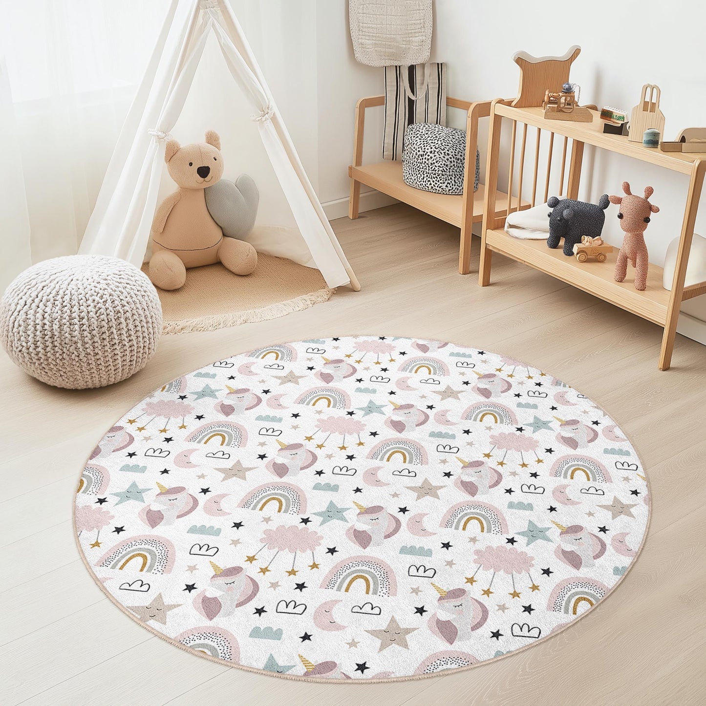 Whimsical Unicorn Round Kids Play Rug, Rainbow Unicorn Playmat, Soft Nursery Decor, Round Carpet for Kids Room, Magical Kids Rug