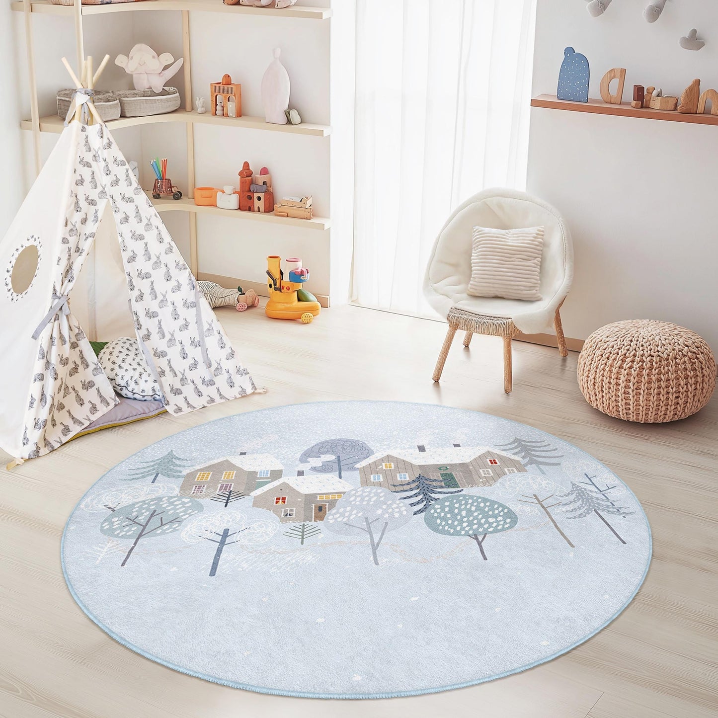 Winter Wonderland Round Kids Rug, Cozy Snowy Village Rug, Nursery Decor, Playroom Rug, Kids Room Carpet, Soft Round Rug