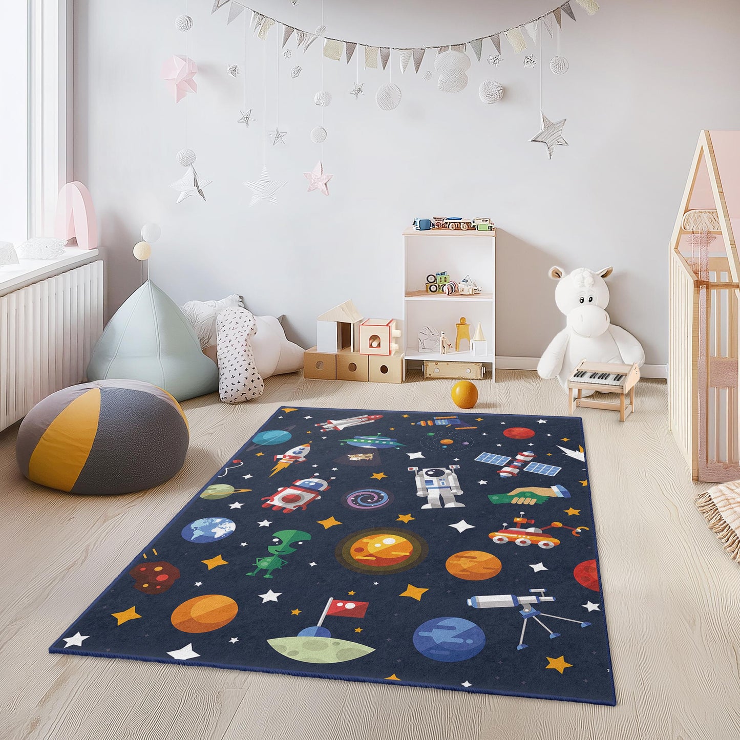 Cosmic Adventure Kids Play Rug, Space Theme Rectangle Rug, Outer Space Kids Carpet, Galaxy Decor for Child's Room