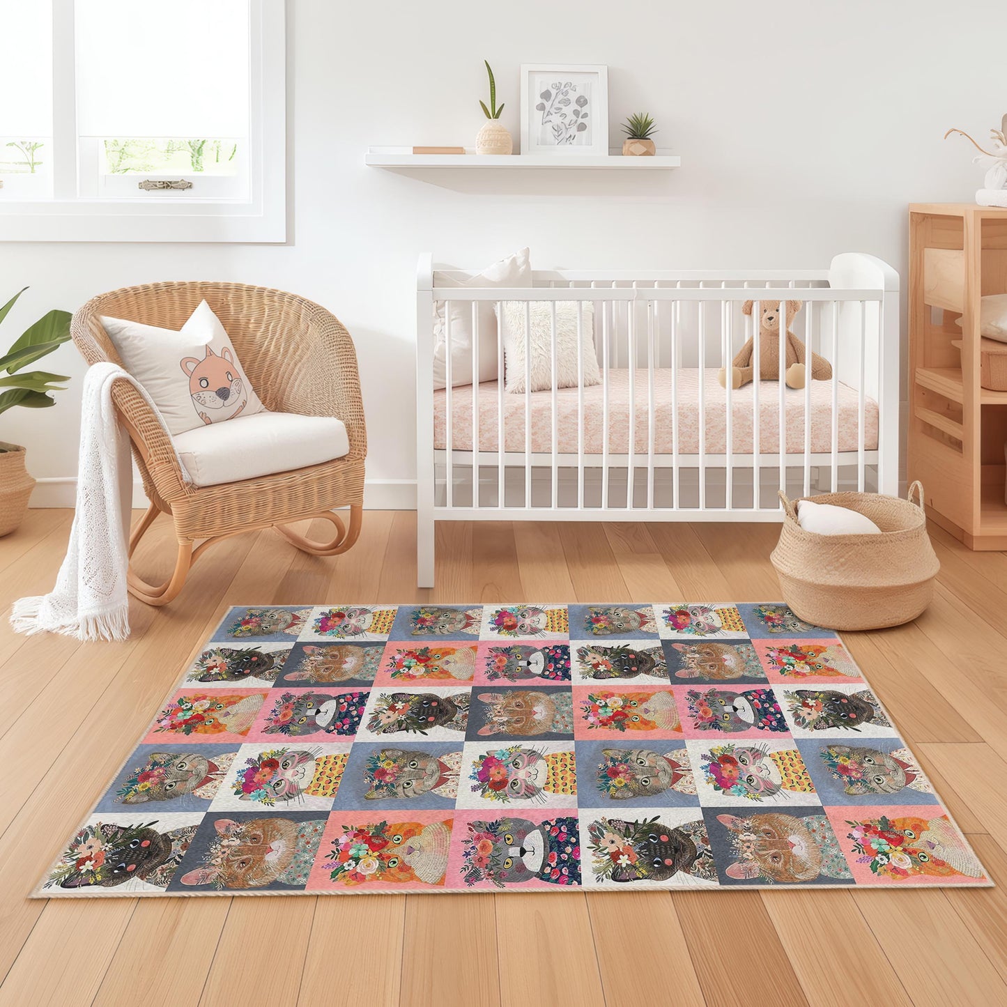 Floral Cat Pattern Kids Area Rug, Rectangle Cat Play Mat, Childrens Room Carpet, Cute Cat Decor, Animal Print Rug for Kids