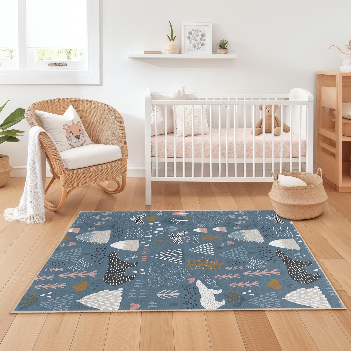 Forest Adventure Kids Rug, Bear and Trees Play Mat, Soft Rectangle Children's Rug, Nursery Decor for Kids Room
