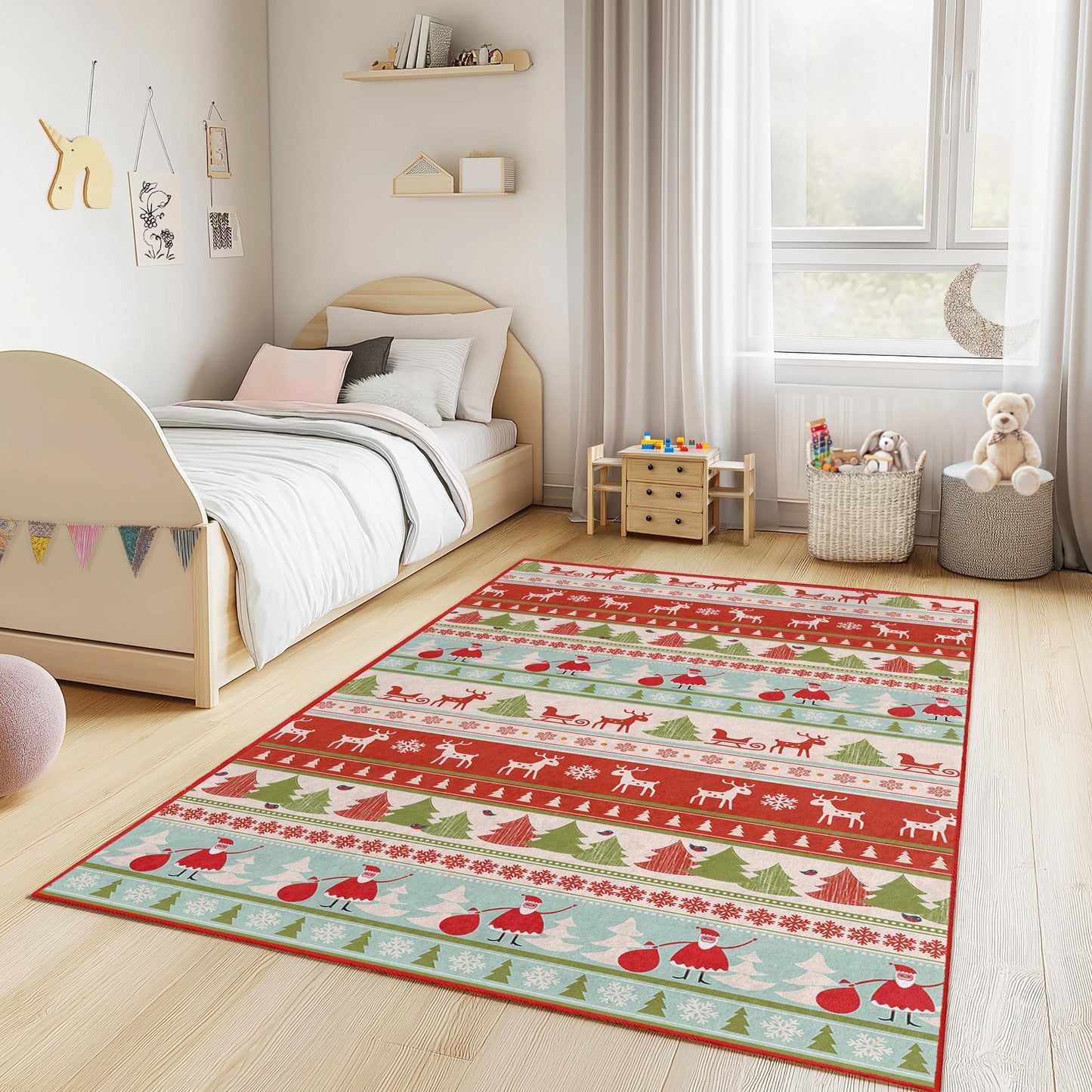 Festive Holiday Kids Rug, Rectangular Christmas Play Mat, Santa Reindeer Rug, Kids Room Decor, Christmas Tree Carpet