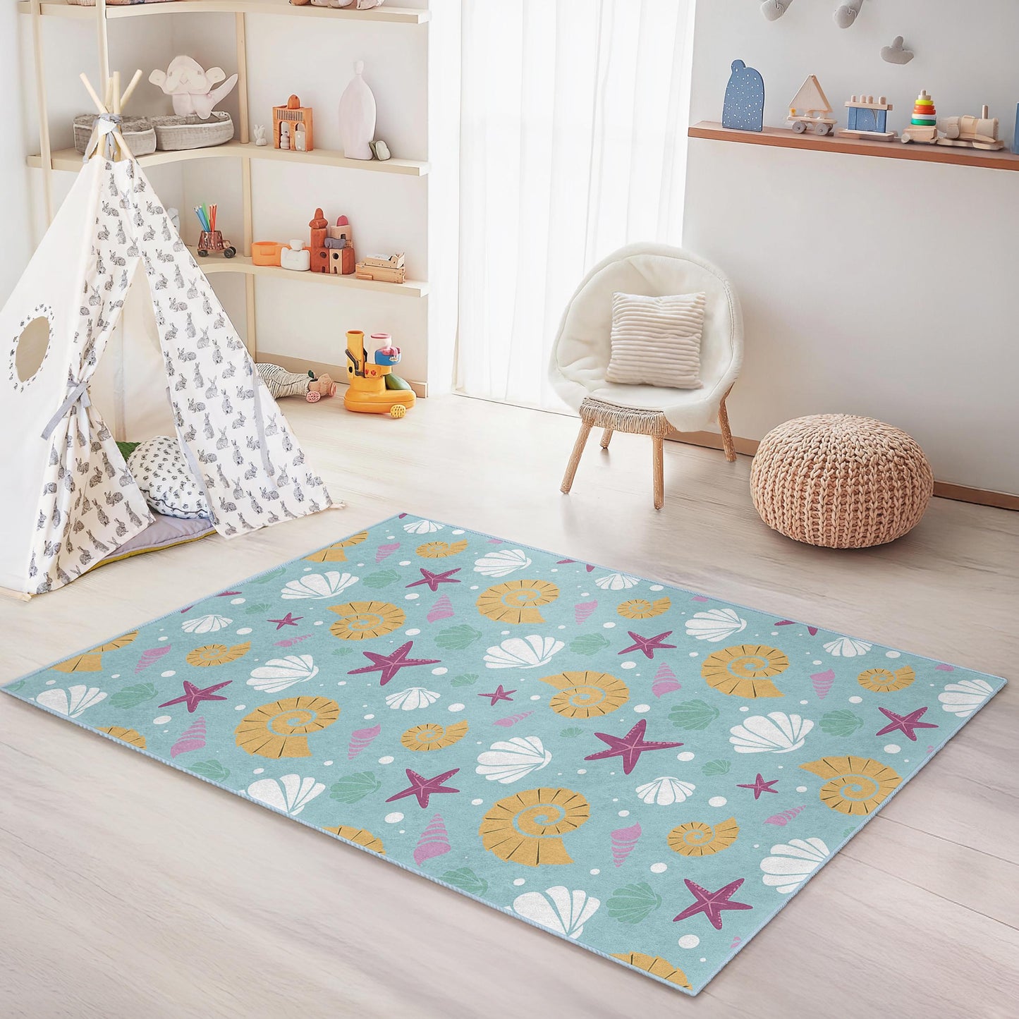Seashell Starfish Kids Rug: Underwater Nursery Play Mat