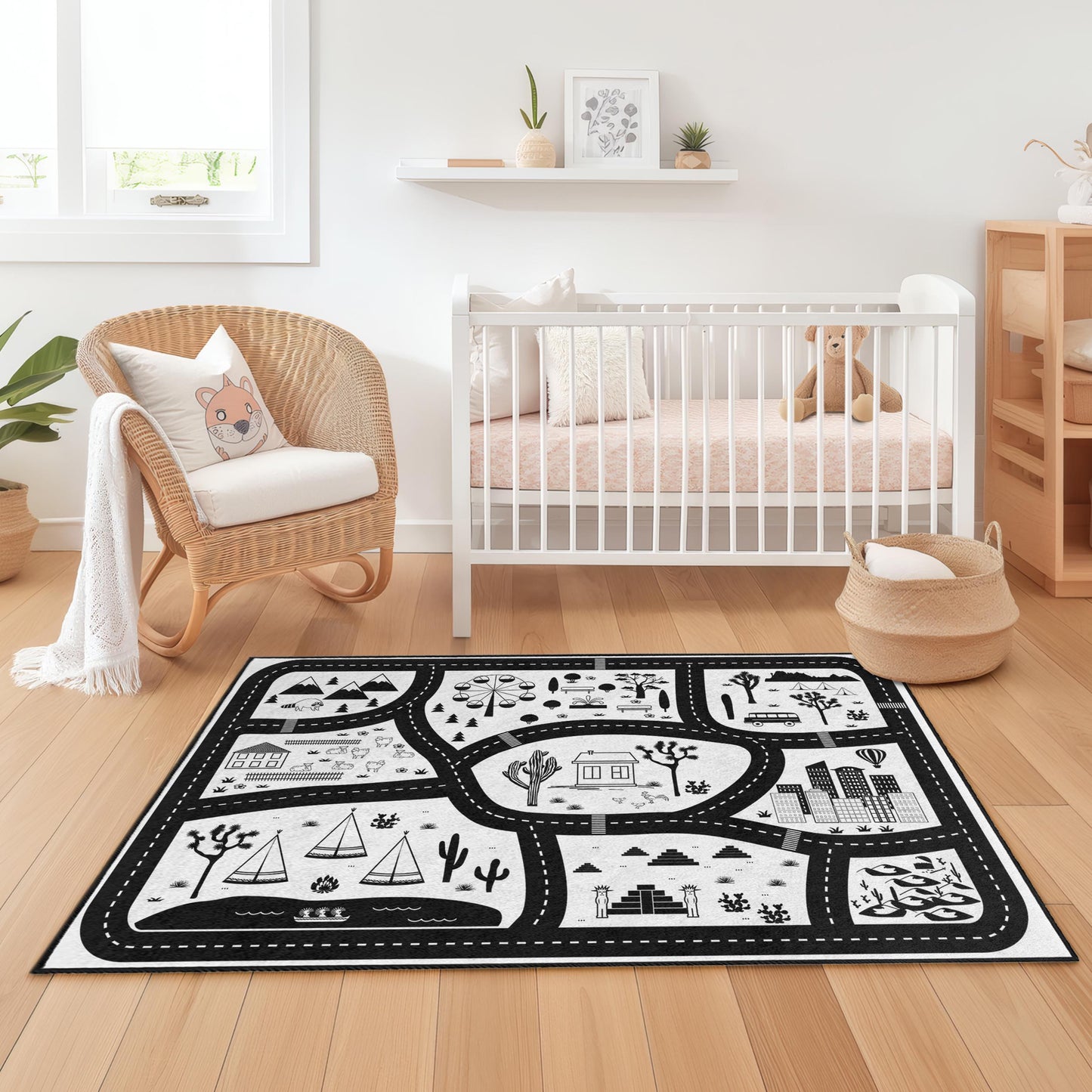Adventure Road Map Kids Rug, Black and White Children's Play Mat, Rectangle Kids Rug, Fun Playroom Decor, Soft Children's Carpet