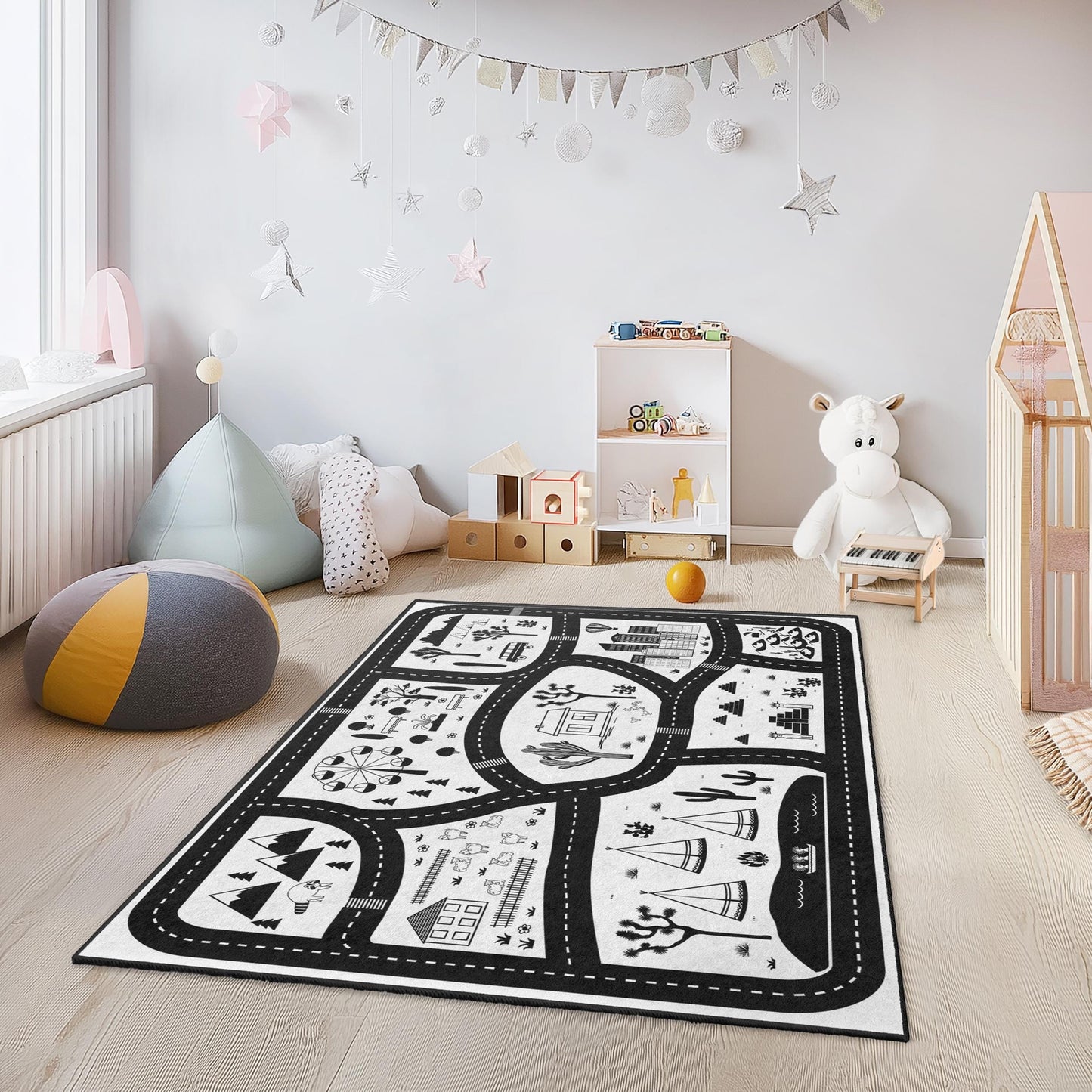 Adventure Road Map Kids Rug, Black and White Children's Play Mat, Rectangle Kids Rug, Fun Playroom Decor, Soft Children's Carpet