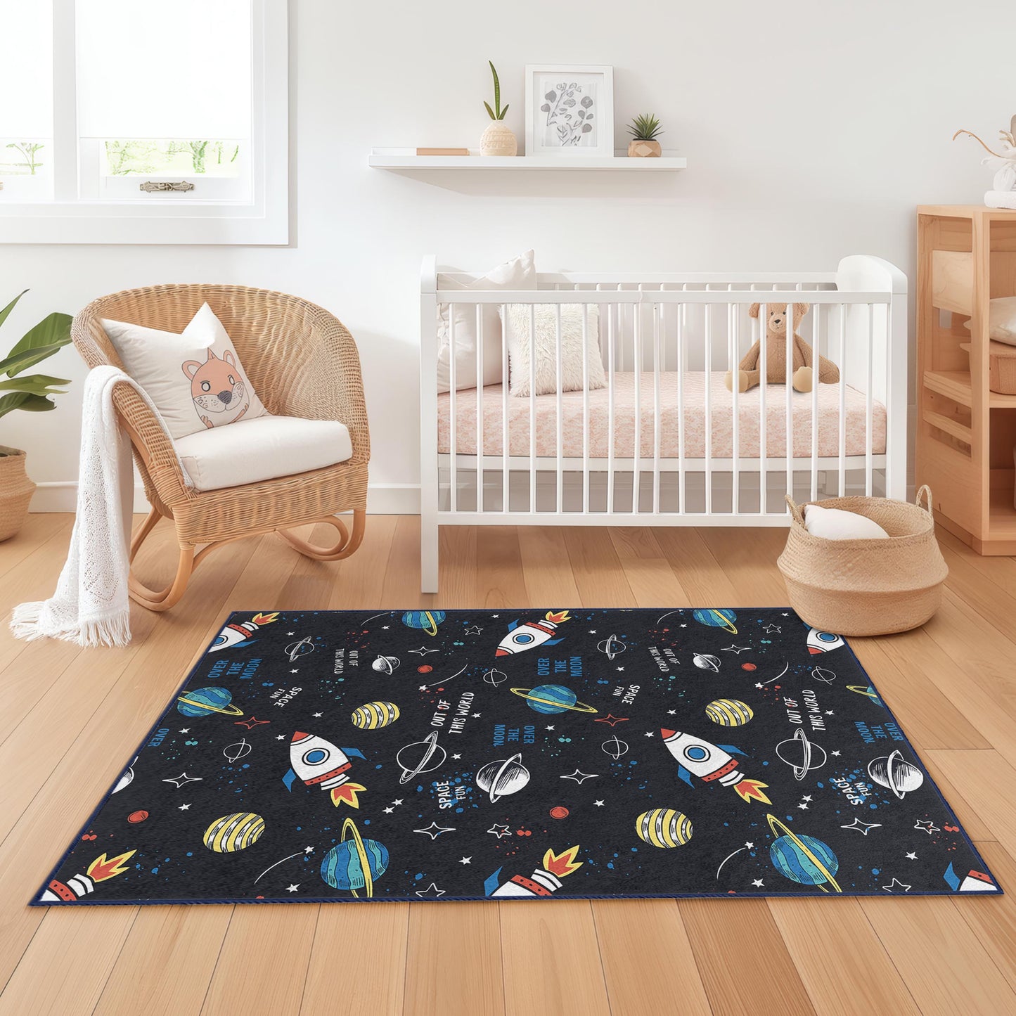 Out of This World Space Theme Kids Rug, Rocket and Planet Play Mat, Rectangle Childrens Rug, Cosmic Decor for Kids Room