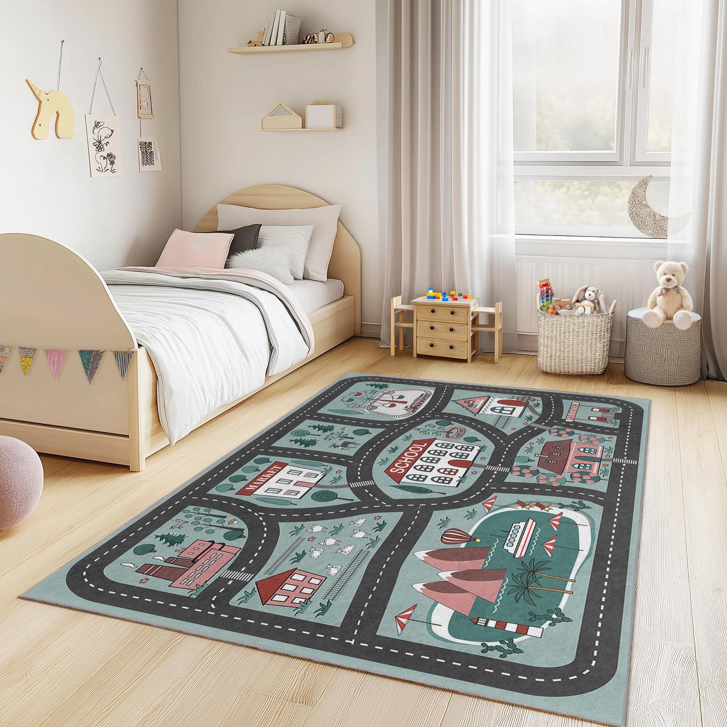 Playful City Roads Kids Rug, Interactive Rectangle Rug for Playroom, School Theme Kids Carpet, Soft Play Mat for Children