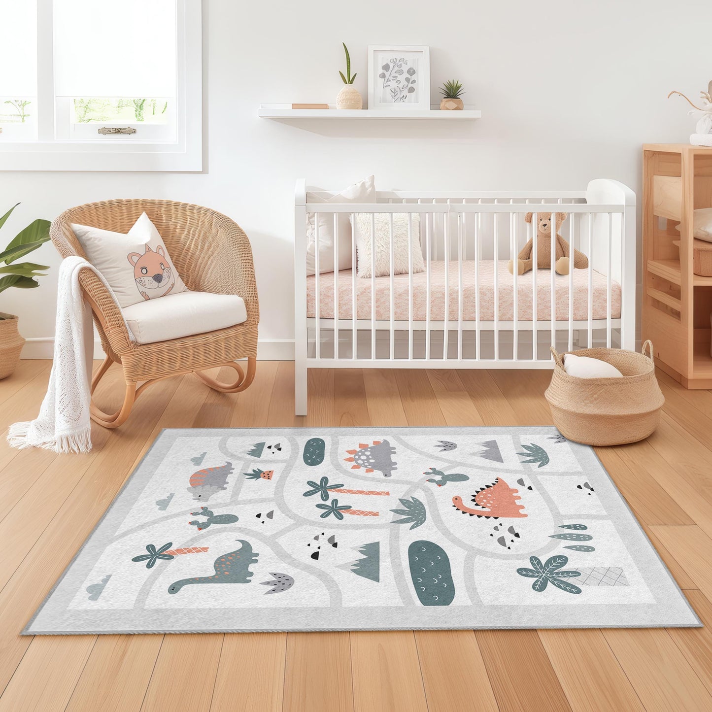 Dinosaur Adventure Kids Play Rug, Interactive Dinosaur Kids Carpet, Rectangle Play Mat, Colorful Kids Room Decor, Soft Nursery Rug