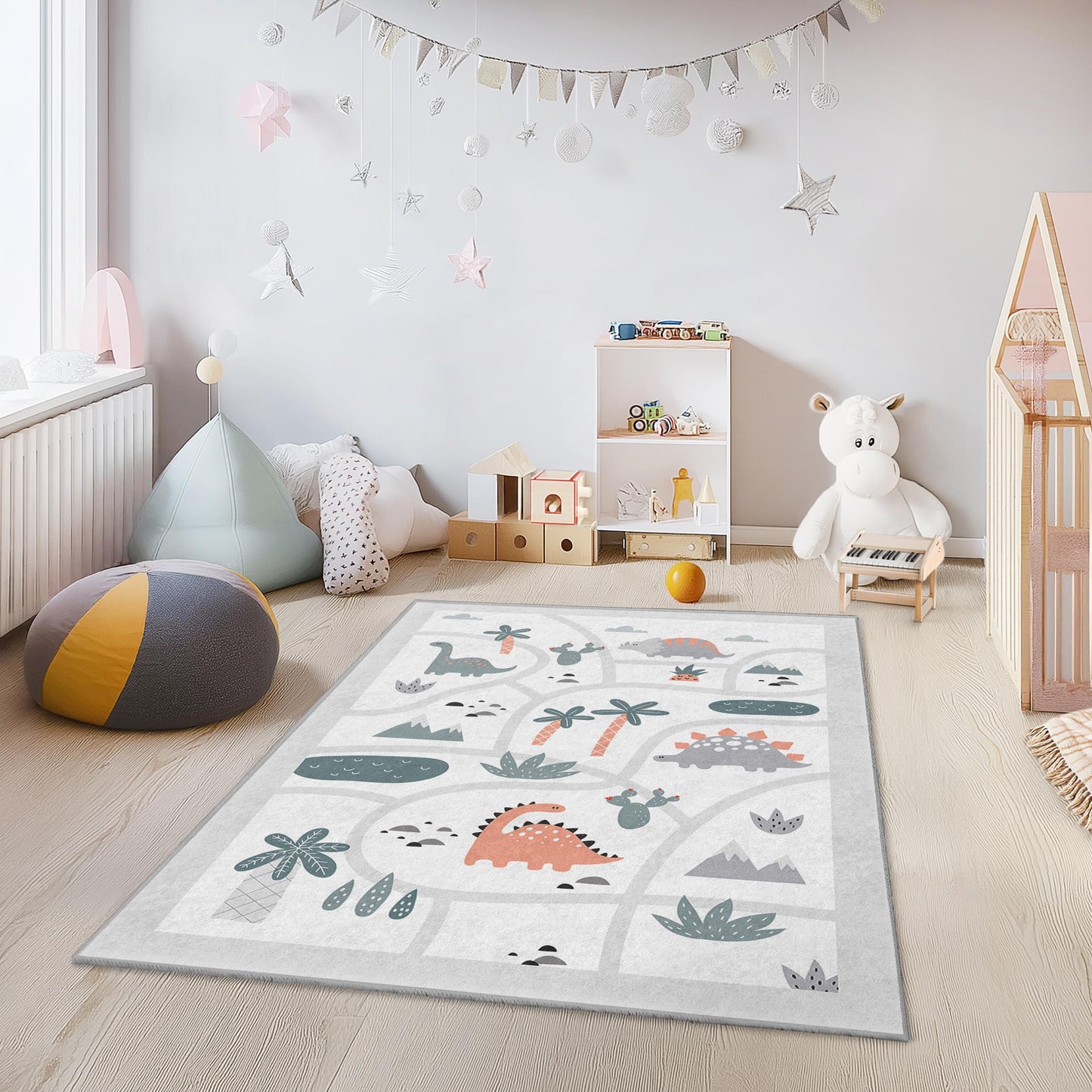 Dinosaur Adventure Kids Play Rug, Interactive Dinosaur Kids Carpet, Rectangle Play Mat, Colorful Kids Room Decor, Soft Nursery Rug