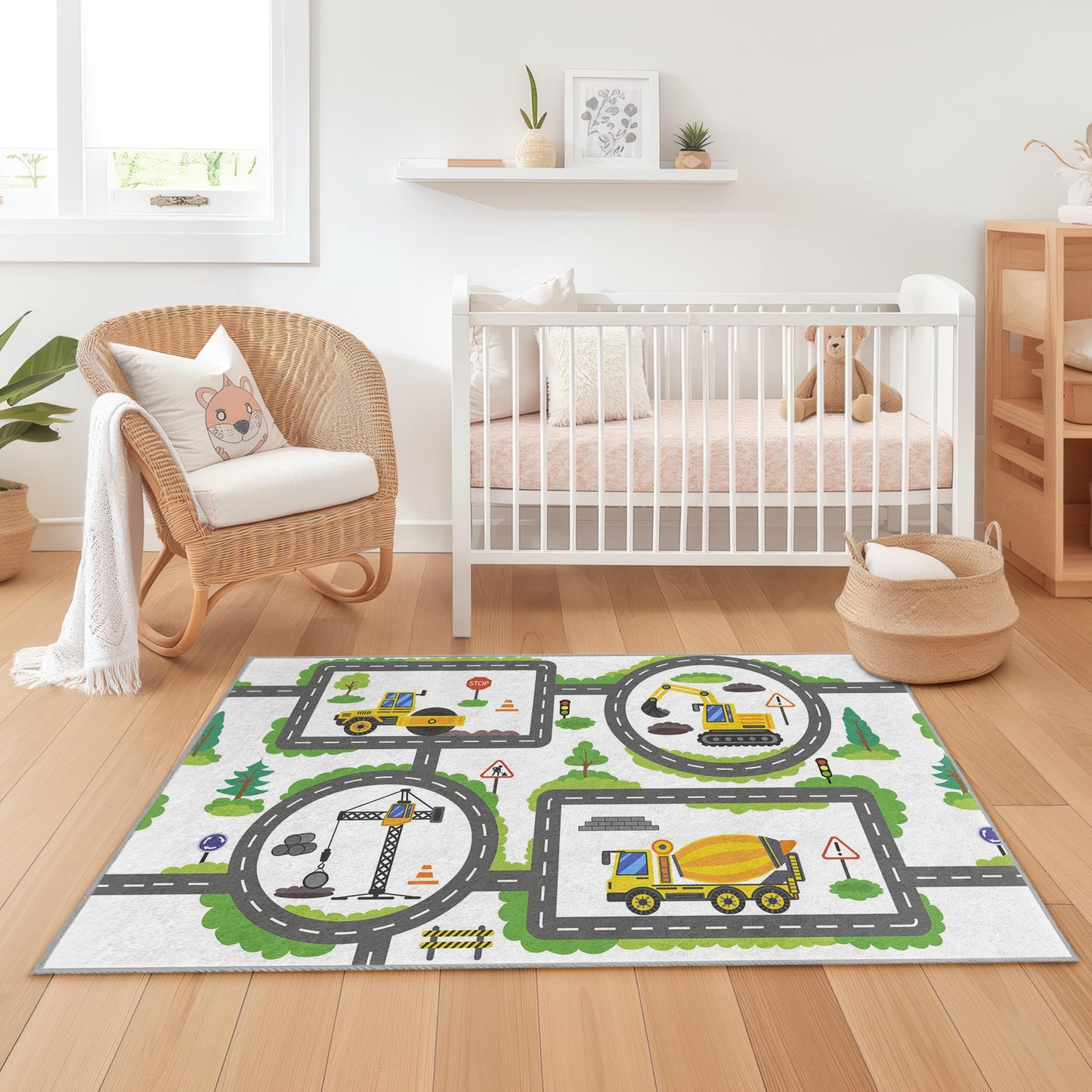 Construction Zone Kids Play Rug, Road Map Rug for Children, Interactive Play Mat for Kids Room, Rectangle Kids Carpet