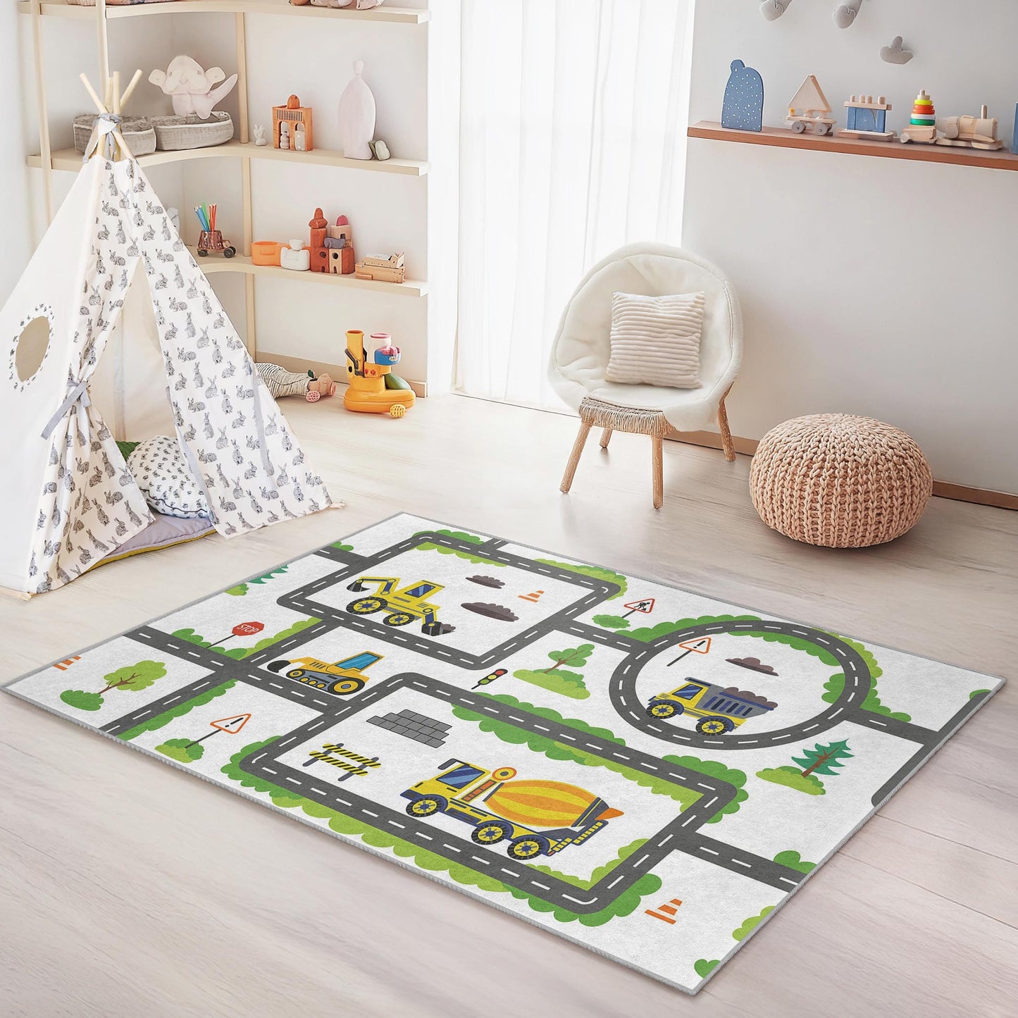 Truck & Vehicle Themed Rectangular Rug,Construction Zone Kids Play Rug, Playroom Carpet for Children, Nursery Decor, Soft Play Mat