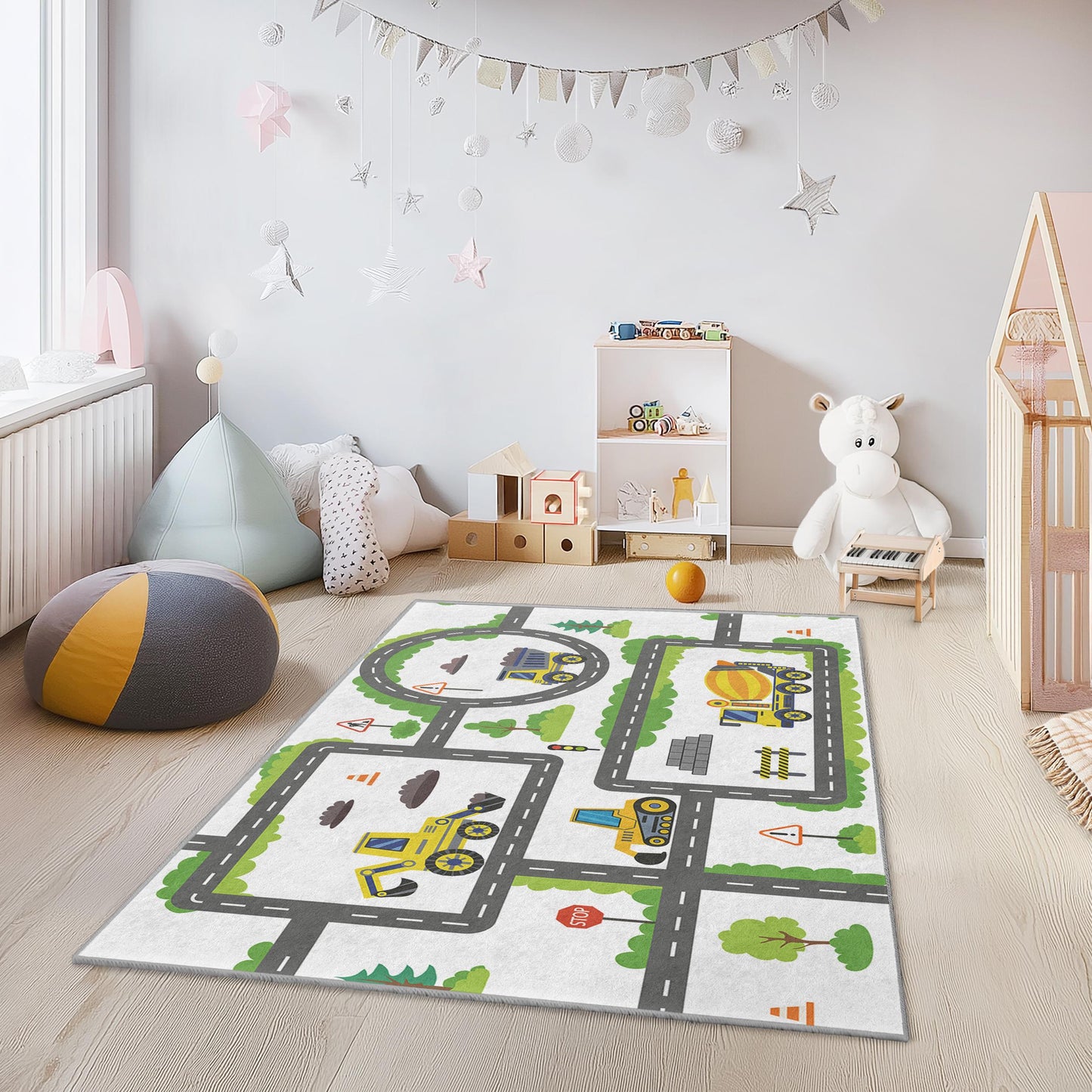 Truck & Vehicle Themed Rectangular Rug,Construction Zone Kids Play Rug, Playroom Carpet for Children, Nursery Decor, Soft Play Mat
