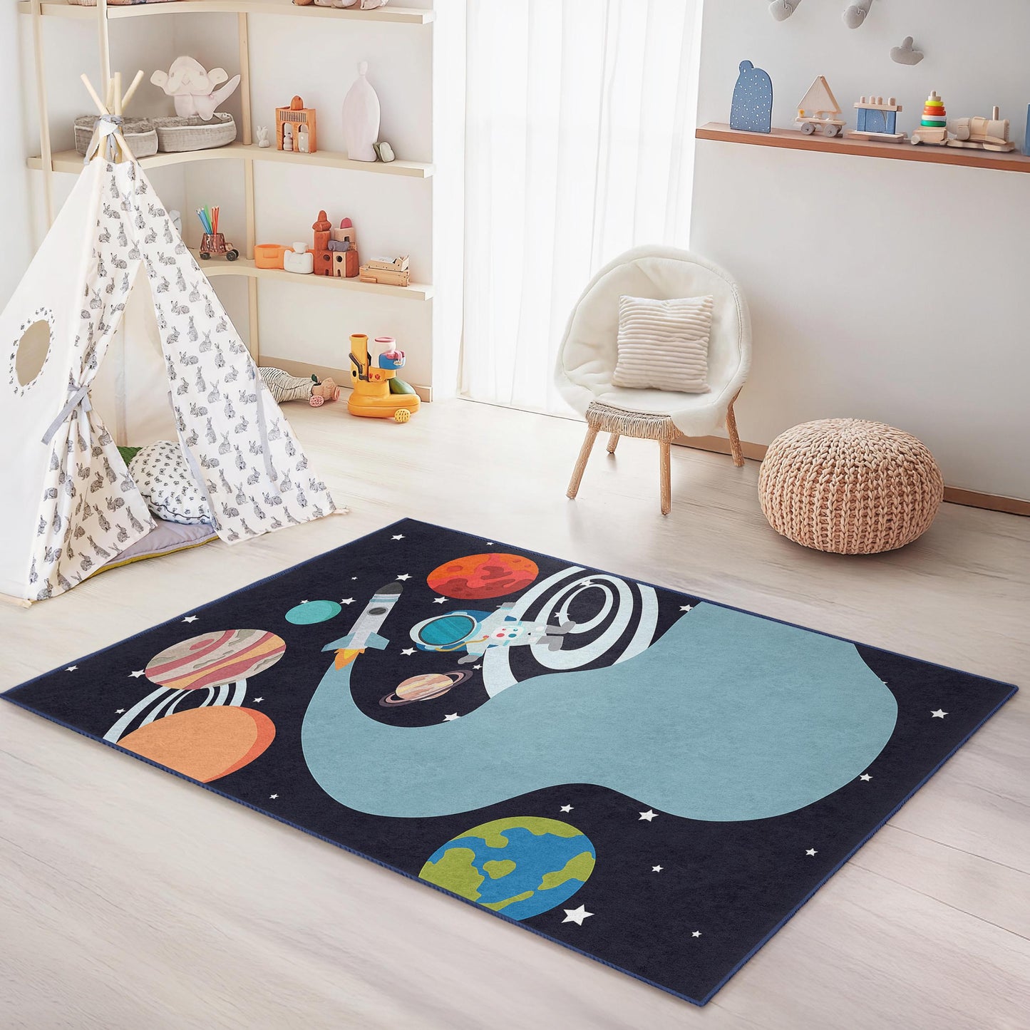 Outer Space Adventure Kids Rug, Astronaut Play Mat, Galaxy Themed Rug for Children's Room, Space Design Nursery Decor