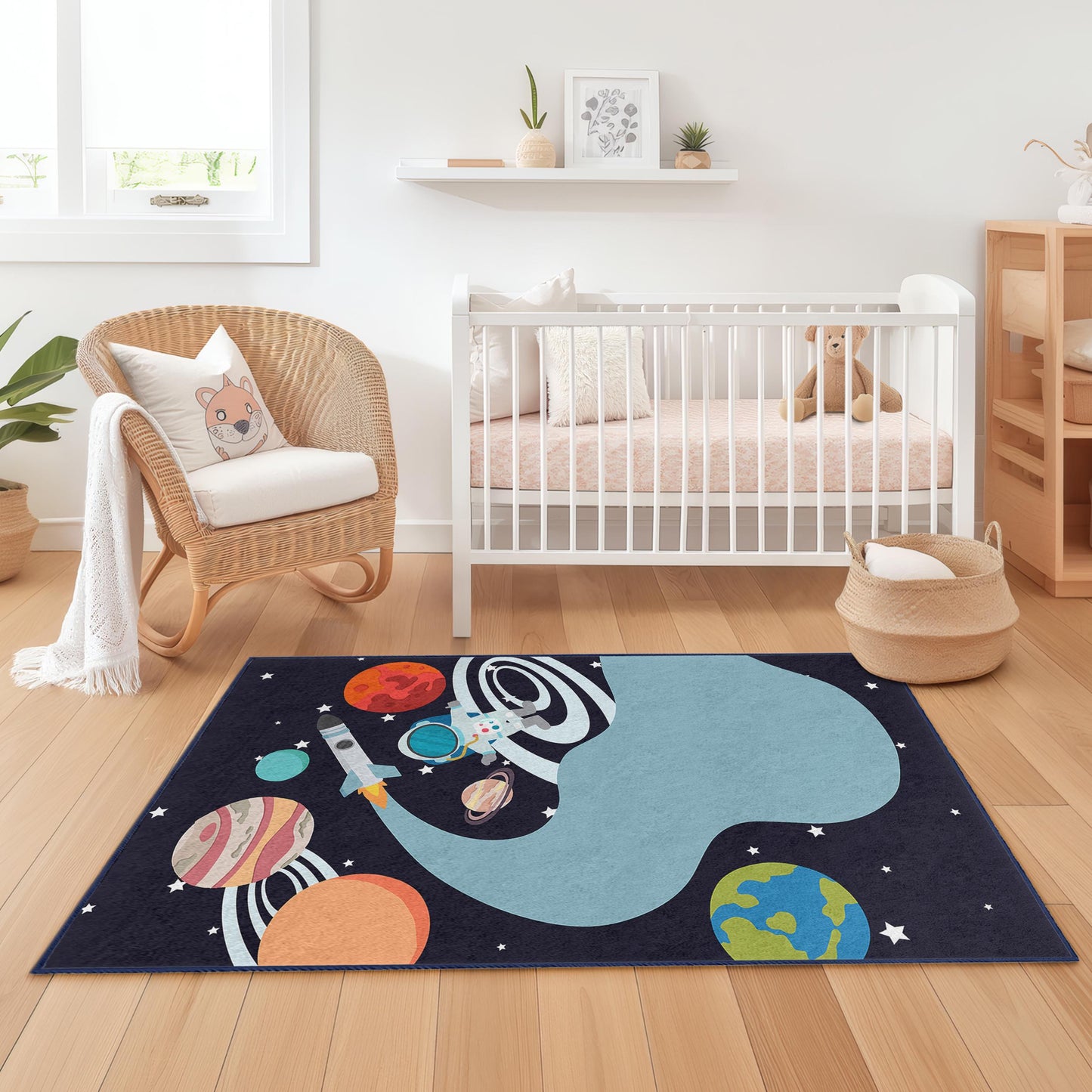 Outer Space Adventure Kids Rug, Astronaut Play Mat, Galaxy Themed Rug for Children's Room, Space Design Nursery Decor