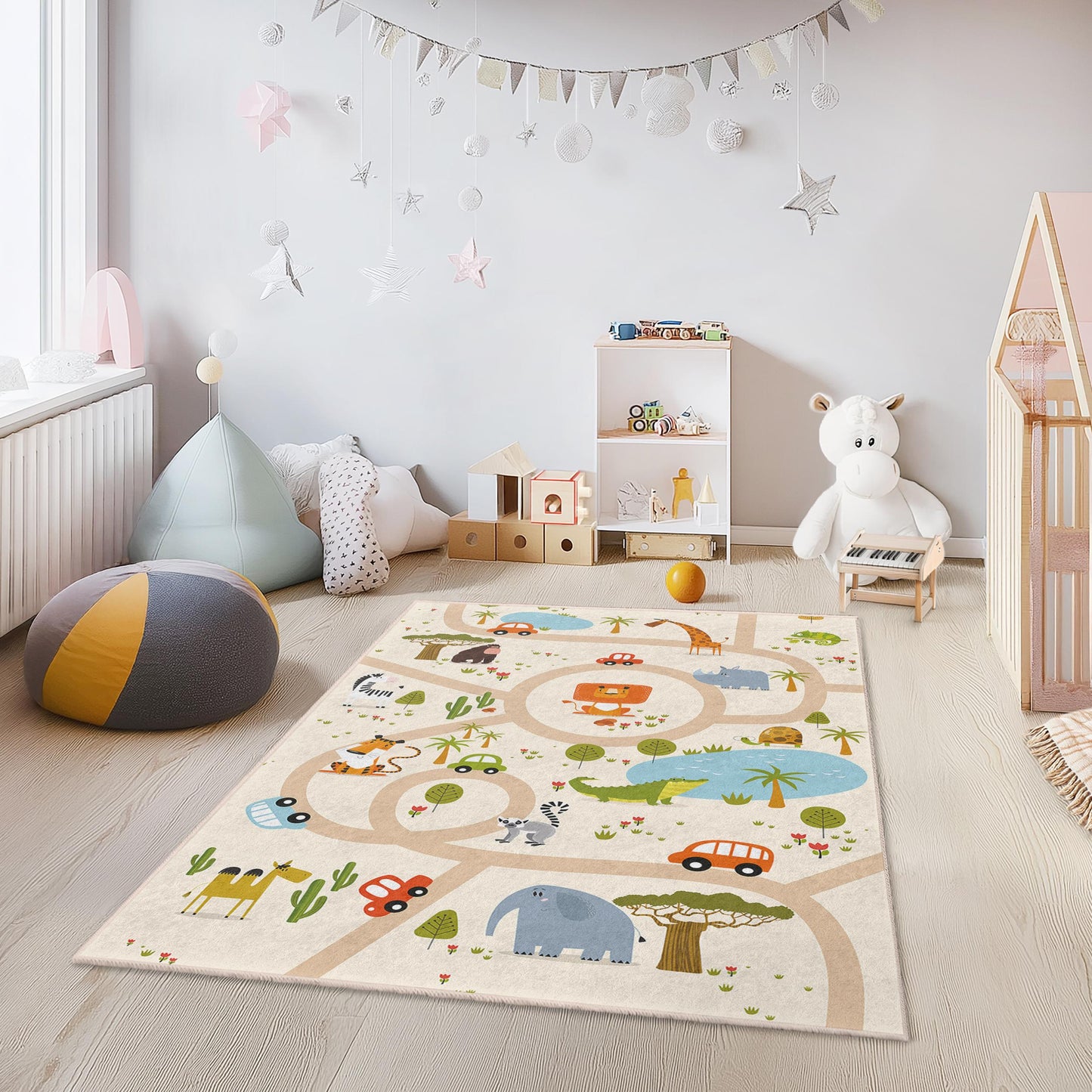 Safari Play Mat, Colorful Animal Adventure Kids Play Rug, Rectangle Animal Map Rug, Childrens Room Carpet, Nursery Decor