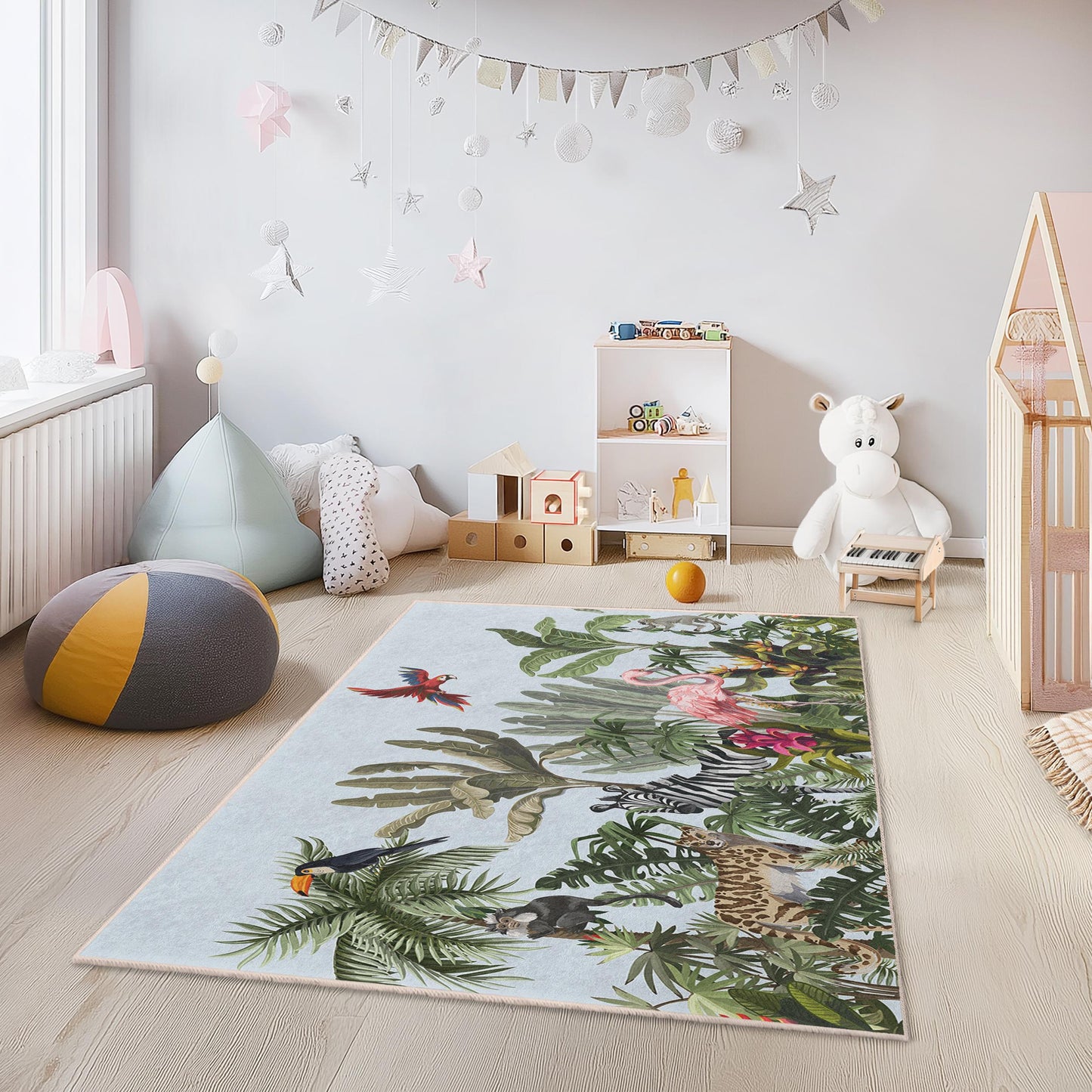 Tropical Paradise Kids Rug, Jungle Animal Play Mat, Rectangular Kids Room Carpet, Colorful Jungle Decor, Fun Kids Rug