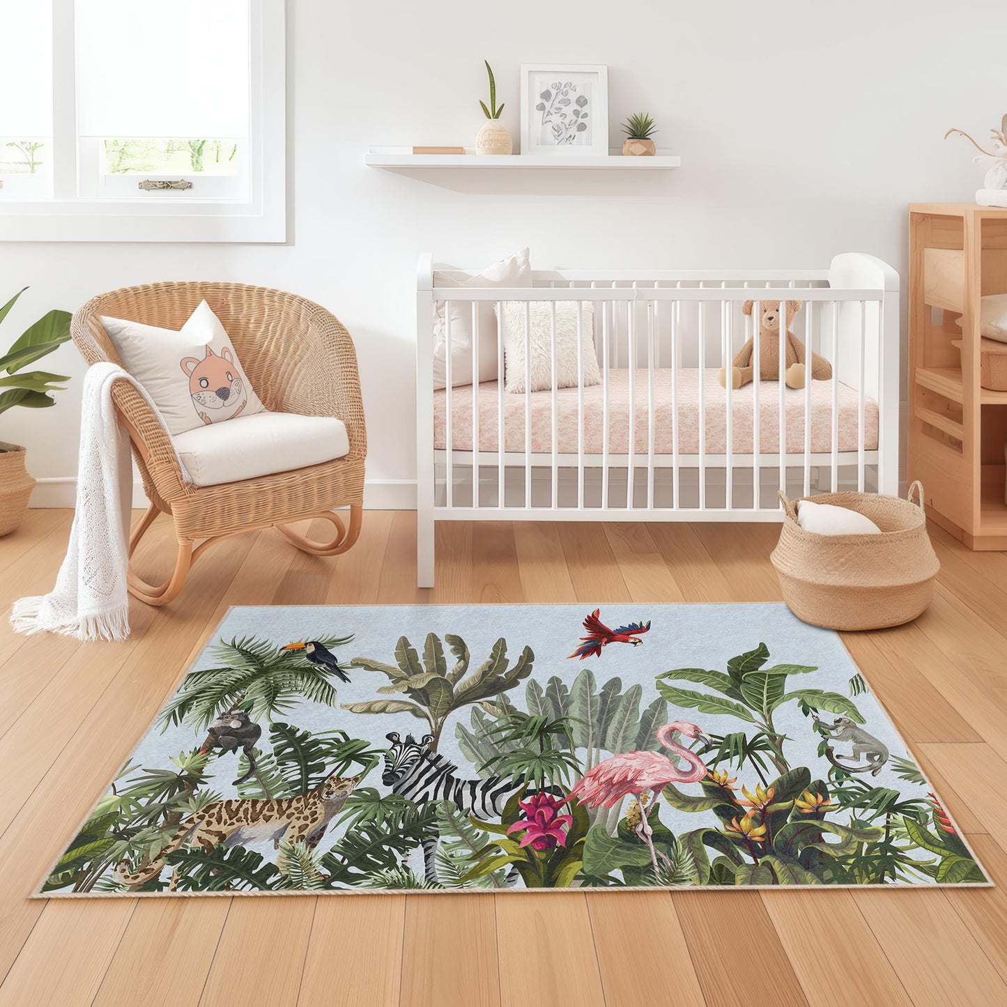 Tropical Paradise Kids Rug, Jungle Animal Play Mat, Rectangular Kids Room Carpet, Colorful Jungle Decor, Fun Kids Rug