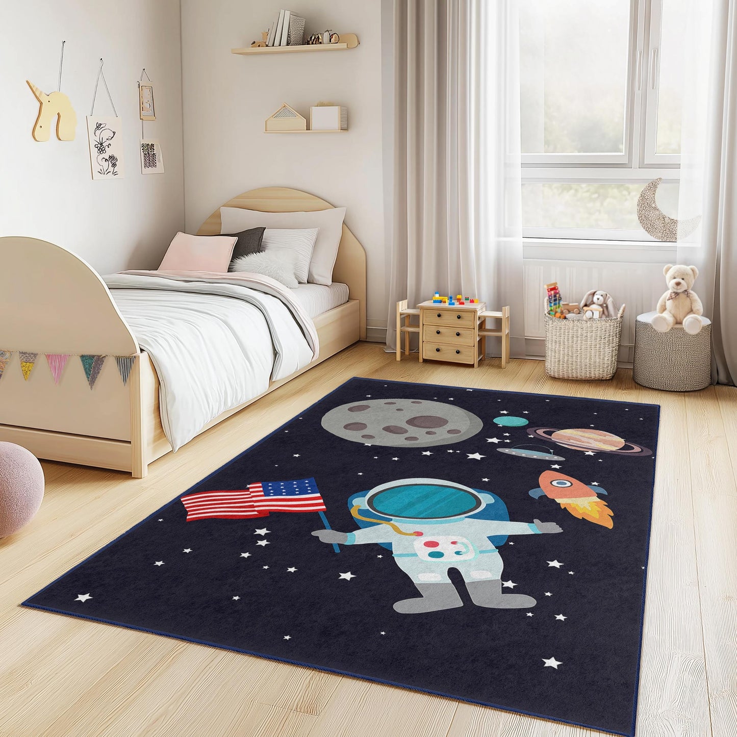 Astronaut Space Adventure Kids Rug, Outer Space Theme Rectangle Rug, Kids Room Carpet, Playroom Decor, Galaxy Rug for Children
