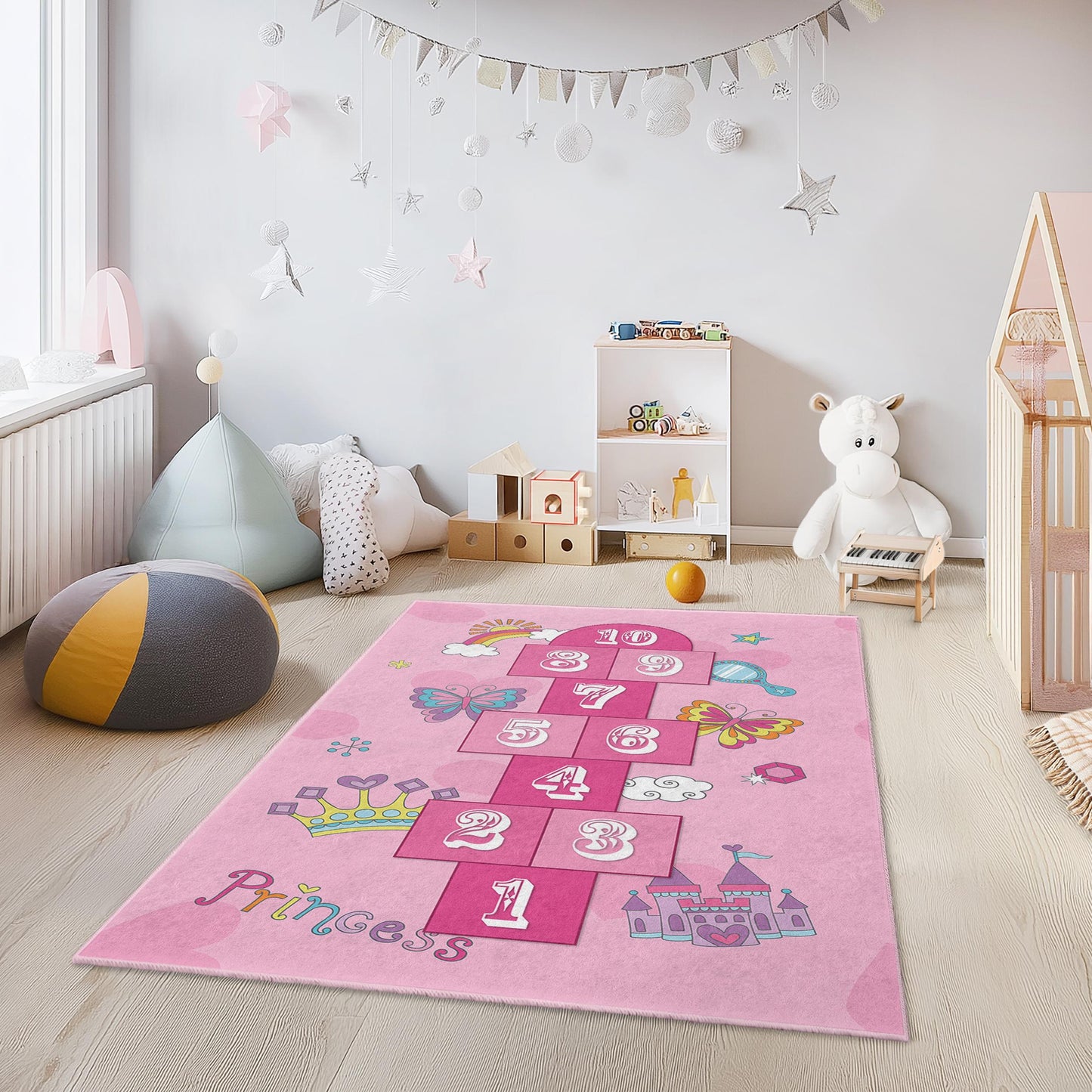 Princess Hopscotch Play Rug for Kids Room, Rectangle Kids Carpet, Soft Play Mat, Nursery Decor, Fun Butterfly Design