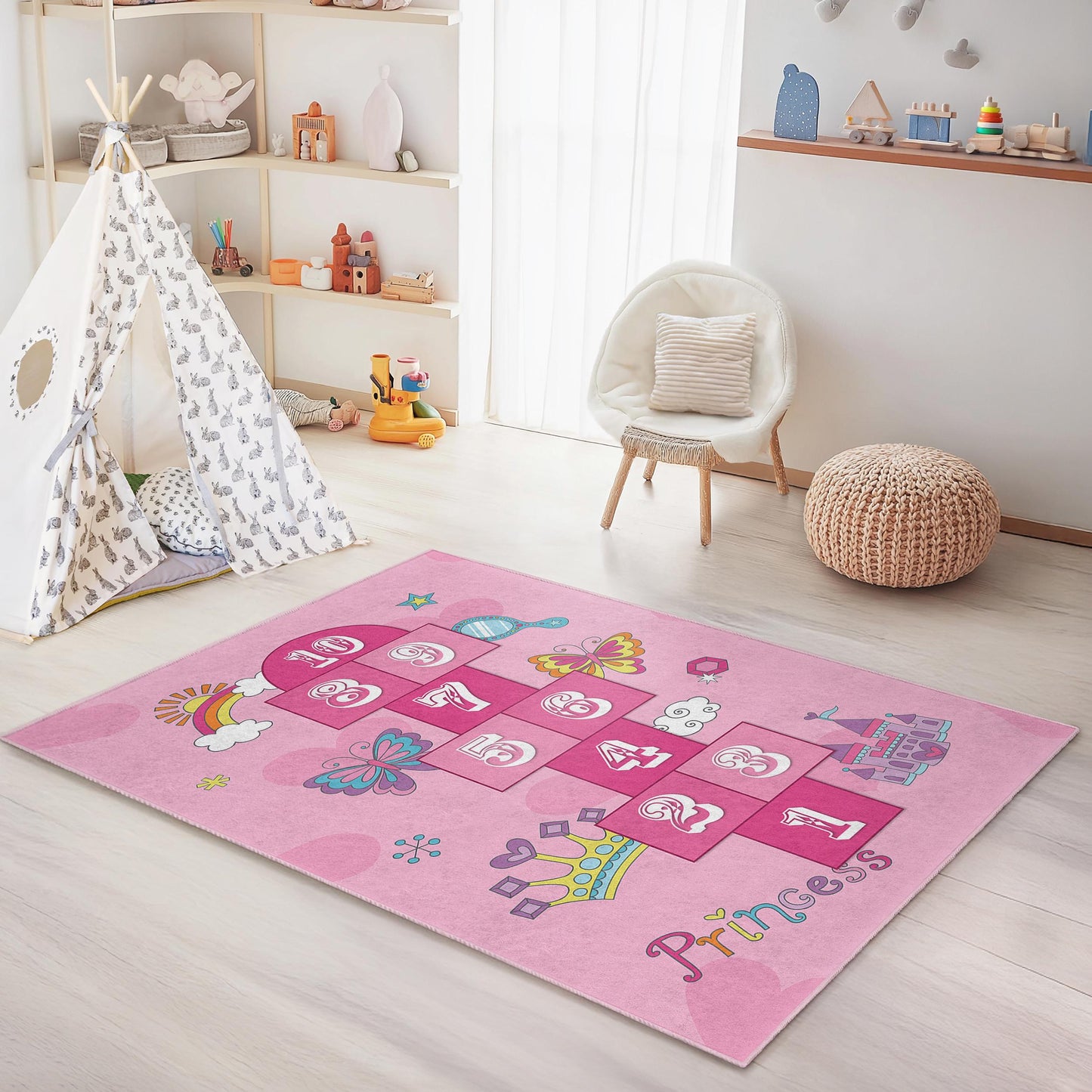 Princess Hopscotch Play Rug for Kids Room, Rectangle Kids Carpet, Soft Play Mat, Nursery Decor, Fun Butterfly Design