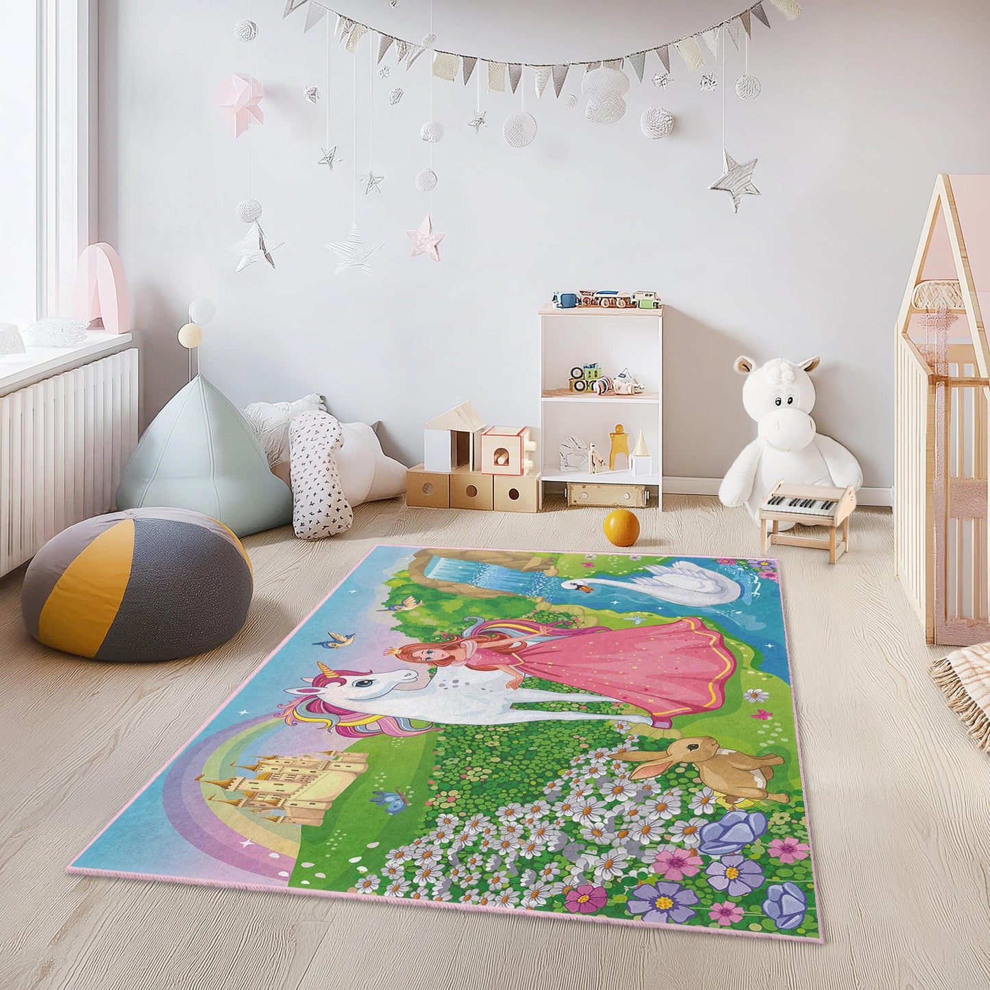 Magical Unicorn and Princess Kids Play Rug, Fairy Tale Rectangular Rug, Enchanted Landscape Carpet for Children's Room