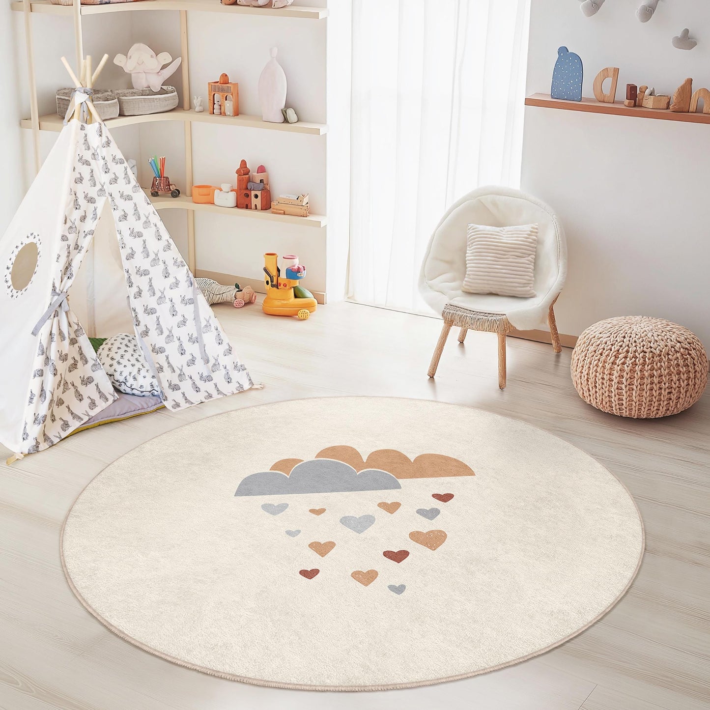 Clouds and Hearts Kids Rug: Soft Nursery Playroom Carpet